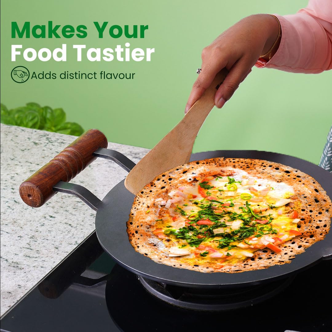 The Indus Valley Pre-Seasoned Round Iron Tawa with Wooden Handle | 12inch/30.4cm - 3.22kg | Induction Friendly | Pre-Seasoned Tawa, 100% Pure & Toxin-Free, No Chemical Coating