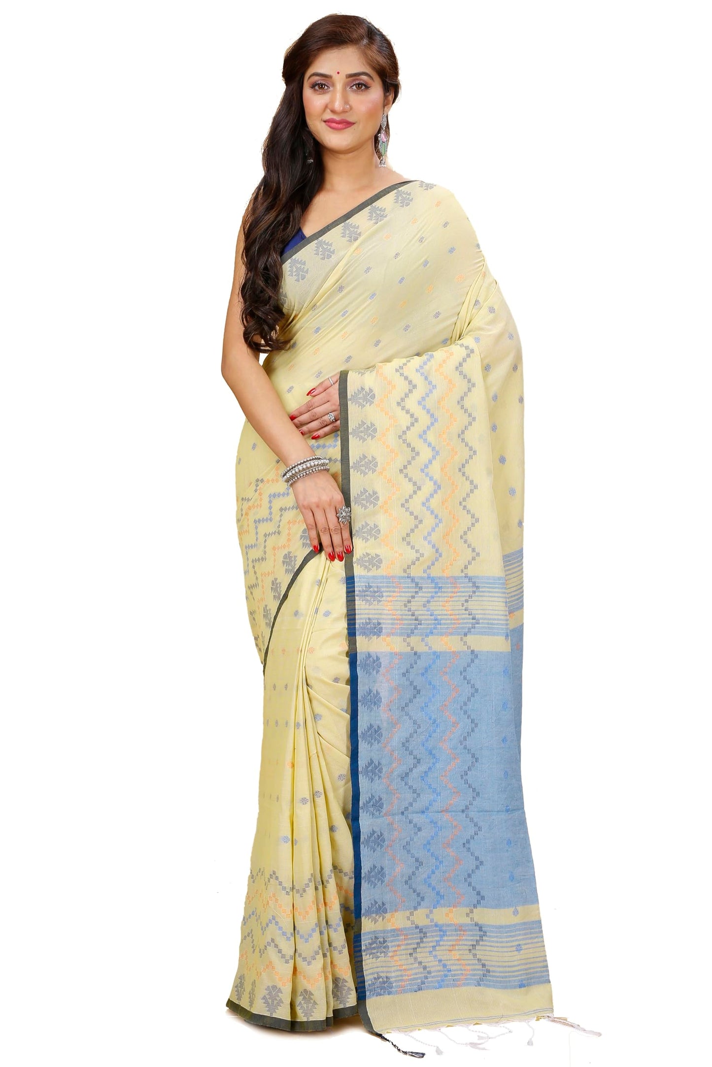 Ankita SAREE HOUSE Women's Traditional Bengal Cotton Silk Beki Border Handloom Soft Saree with Blouse Piece (Chiku)