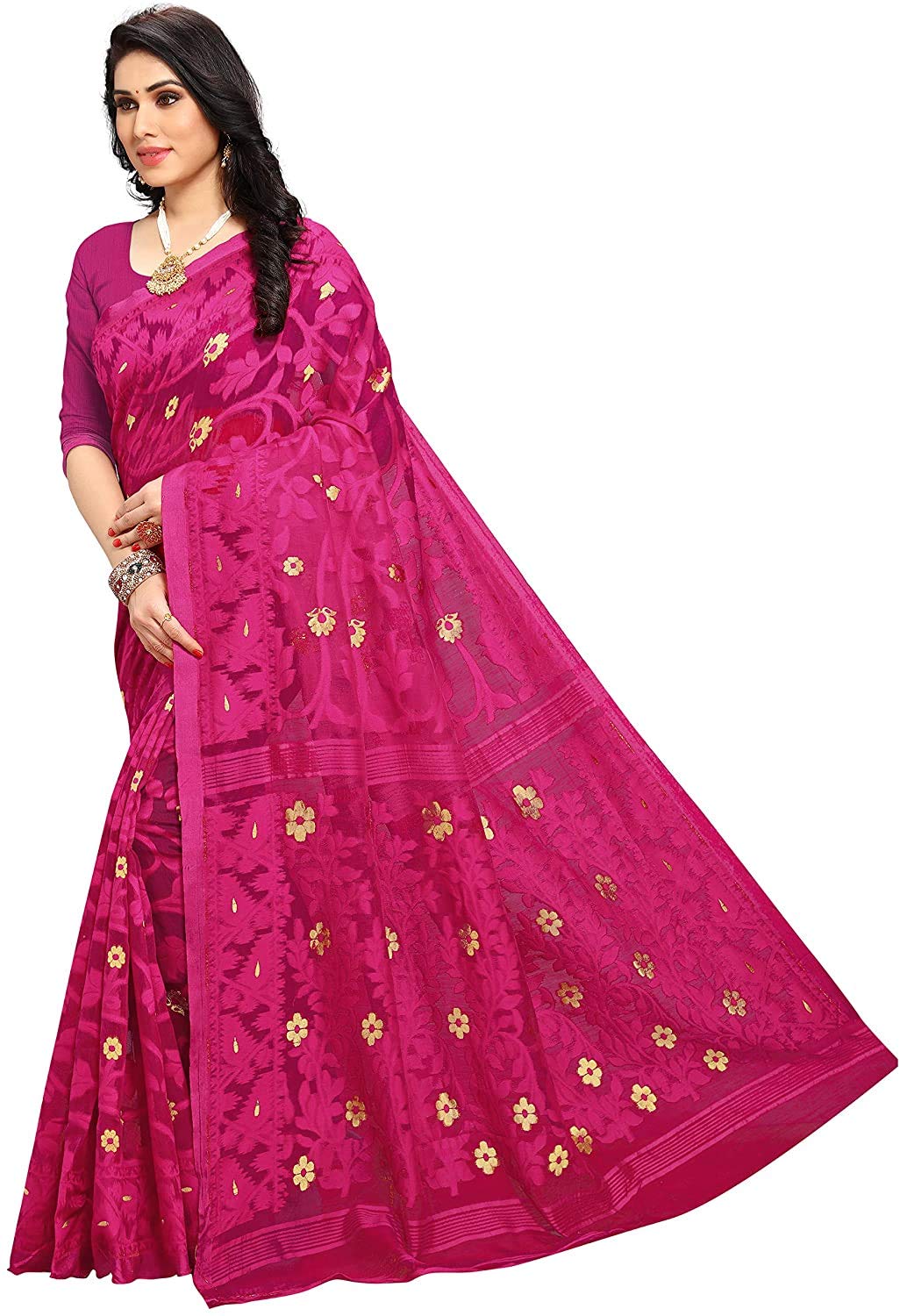 Aishwarya Sarees Women's Jamdani Jute Cotton Saree With Blouse Piece (AS - SOFT DHAKAI NEW -1_Pink)