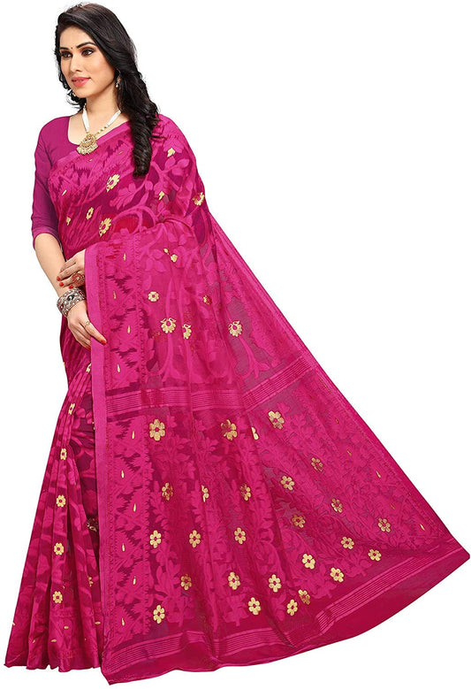 Aishwarya Sarees Women's Jamdani Jute Cotton Saree With Blouse Piece (AS - SOFT DHAKAI NEW -1_Pink)