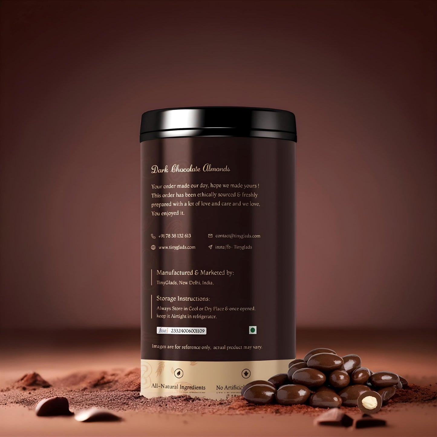 TinyGlads Dark Premium Chocolate Coated Almonds Jar- 250 Grams