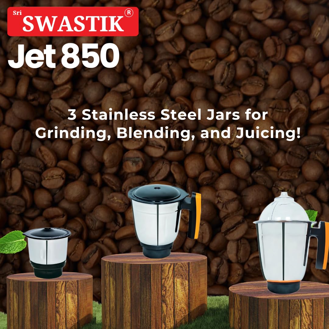 Sri Swastik Jet 850 Mixer Grinder | 850W Heavy-Duty Motor | 3 Stainless Steel Jars | Orange