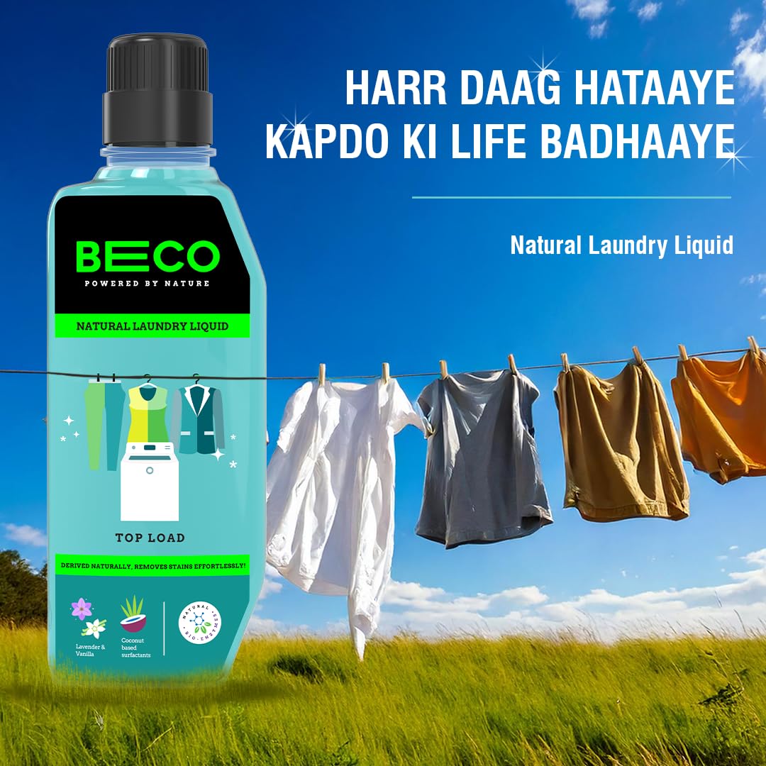 Beco Matic-Top Load Natural Laundry Liquid Detergent| 2 Litre Super Value Refill | Natural Formula for Tough Stain Removal & Fabric Care | No Harsh Chemicals | 100% Ecofriendly (2L)