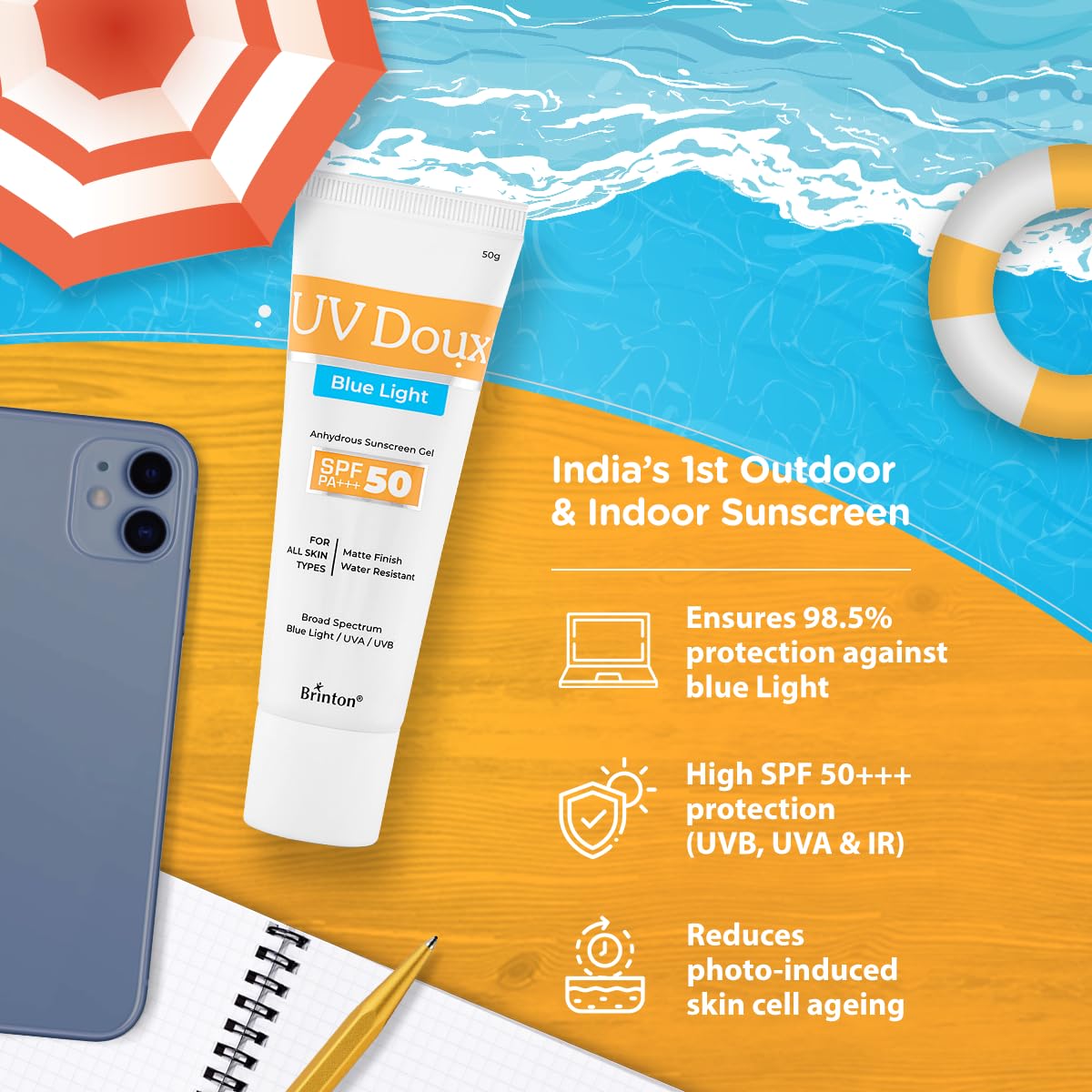 Brinton UV Doux Blue Light Sunscreen Protection Gel SPF 50 PA+++ UVA/UVB for Men & Women | Matte Finish & Water Resistant | For All Skin Types, 50g