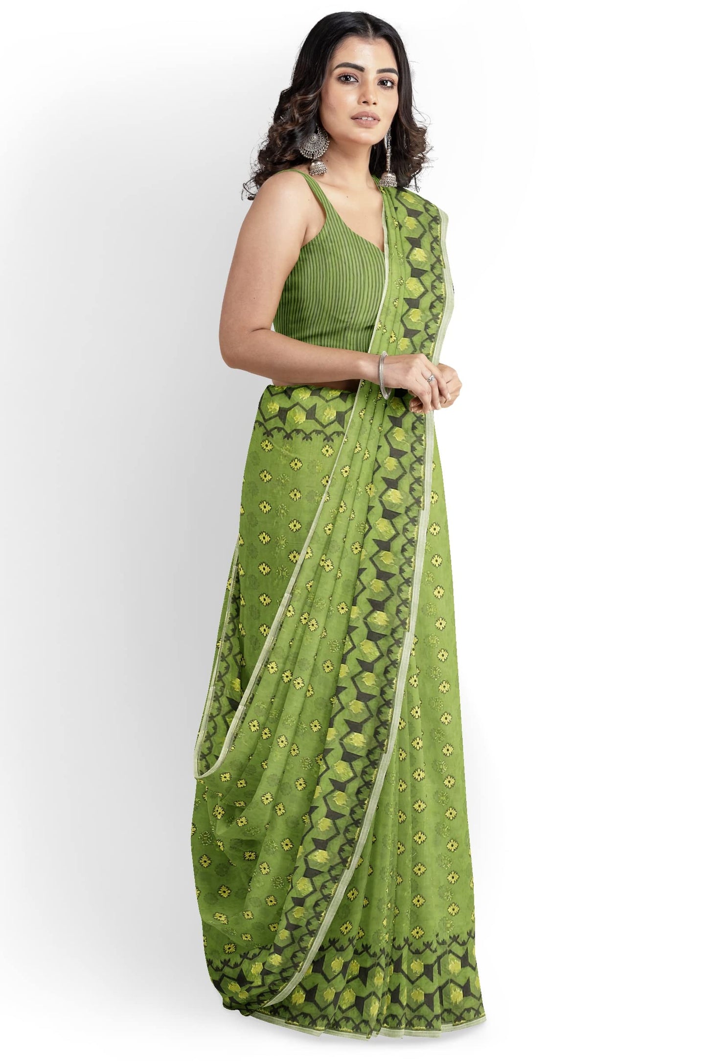 Saree Niketan Women's Traditional Bengal Cotton Silk Dhakai Jamdani Saree. (Green)