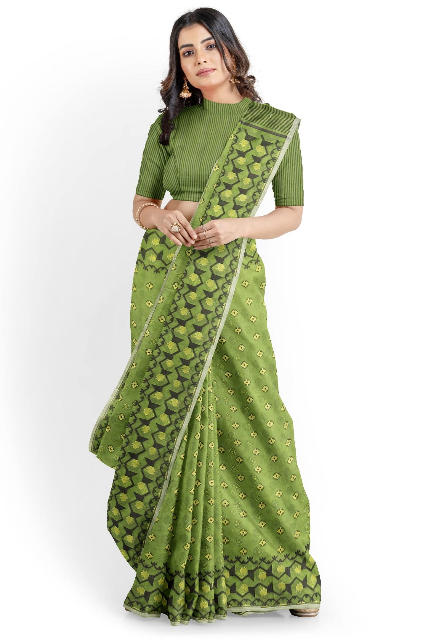 Saree Niketan Women's Traditional Bengal Cotton Silk Dhakai Jamdani Saree. (Green)