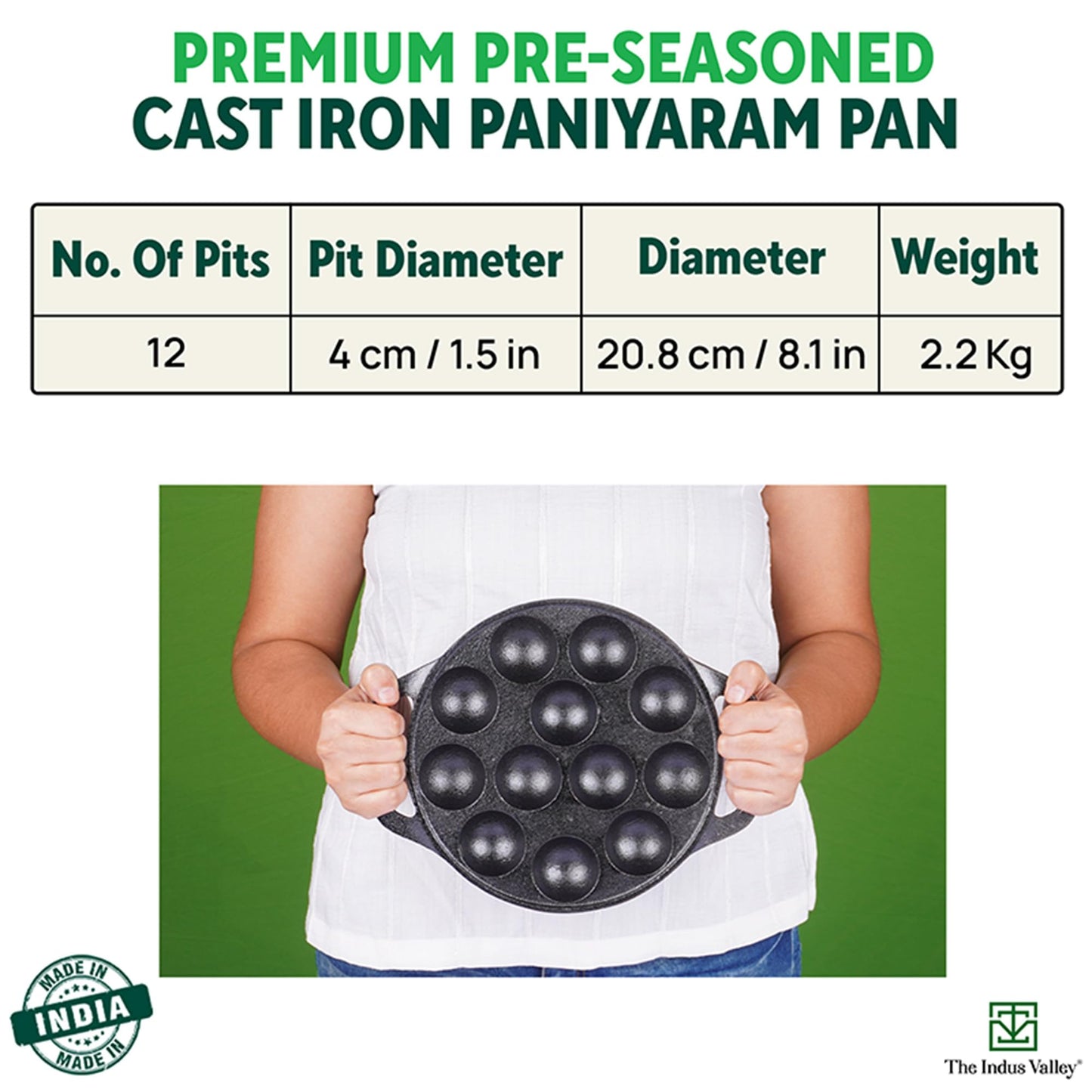 The Indus Valley Pre-Seasoned Cast Iron Paniyaram Pan With Spatula|Medium, 12Pit, 8.3Inch/21 Cm, 2Kg|Induction Friendly|Nonstick Appe/Paddu Pan, 100% Pure & Toxin-Free, No Chemical Coating, Black