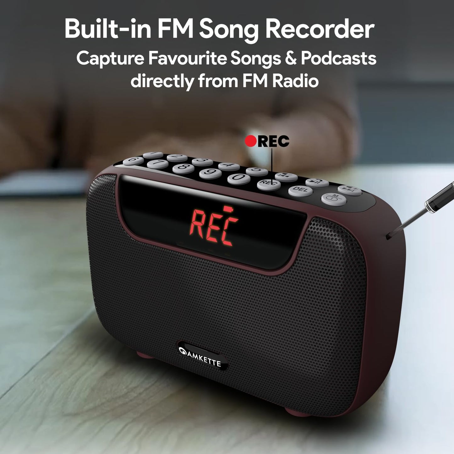 Amkette Pocket Blast 5 in 1 FM Radio with Bluetooth, Powerful Sound, Voice & FM Recording, External Antenna, 7+ Hours Playback, MP3 Player with Number Pad (AUX, SD Card, USB Input) (Brown)