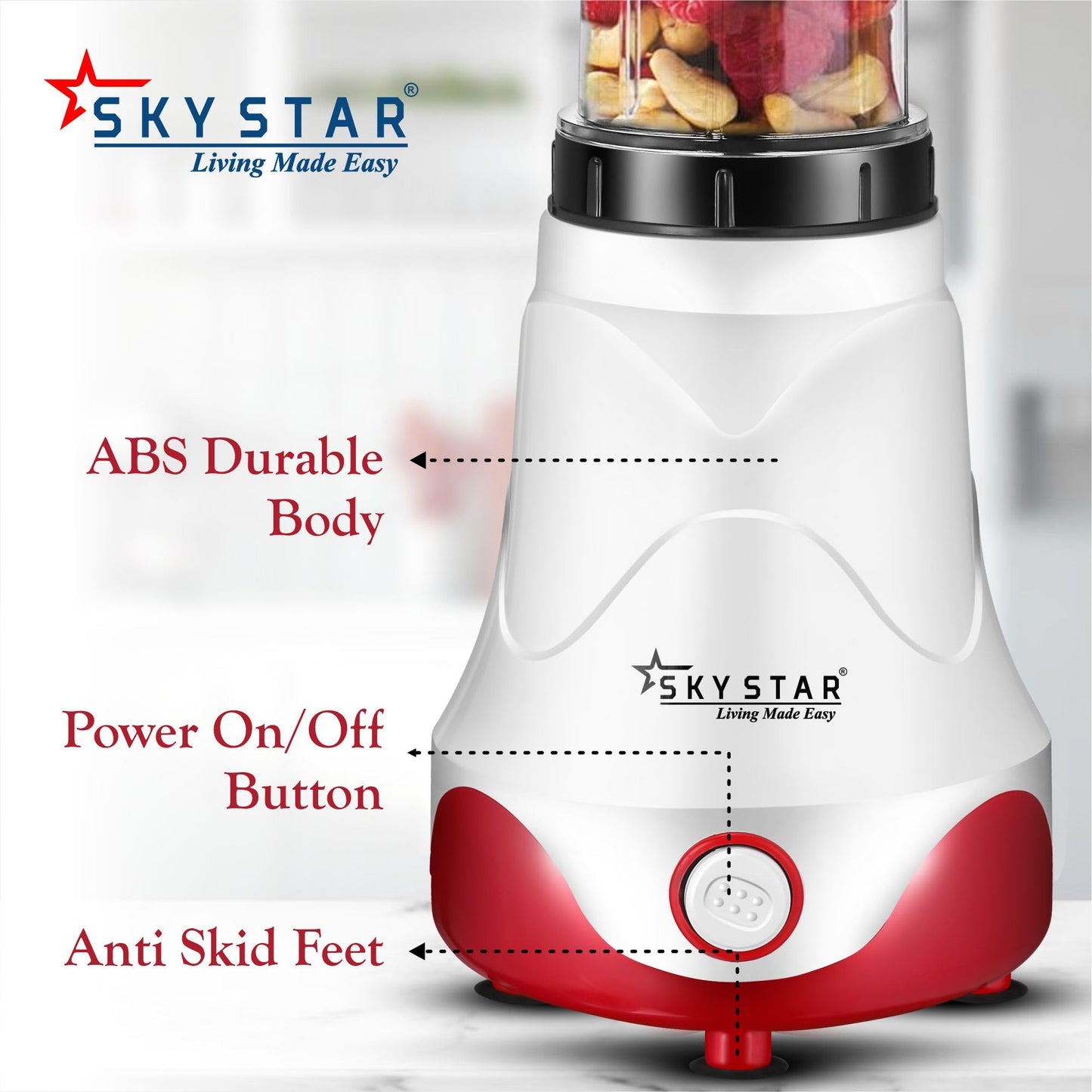 skystar Nutri-Blender Pro 100% Copper Motor With 2 Unbreakable Jars & 1 Blade Juicer Mixer Grinder (2 Jars, White, Red) & 18 Months Motor Warranty, 750 Watts