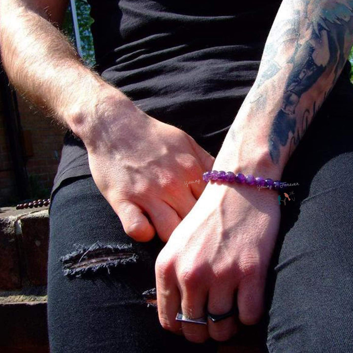 Young & Forever Gift Energized Reiki Crystal Semi Precious Gemstone Amethyst Bracelet for Purification Healing Stone Stretch Bracelet for Men and Women