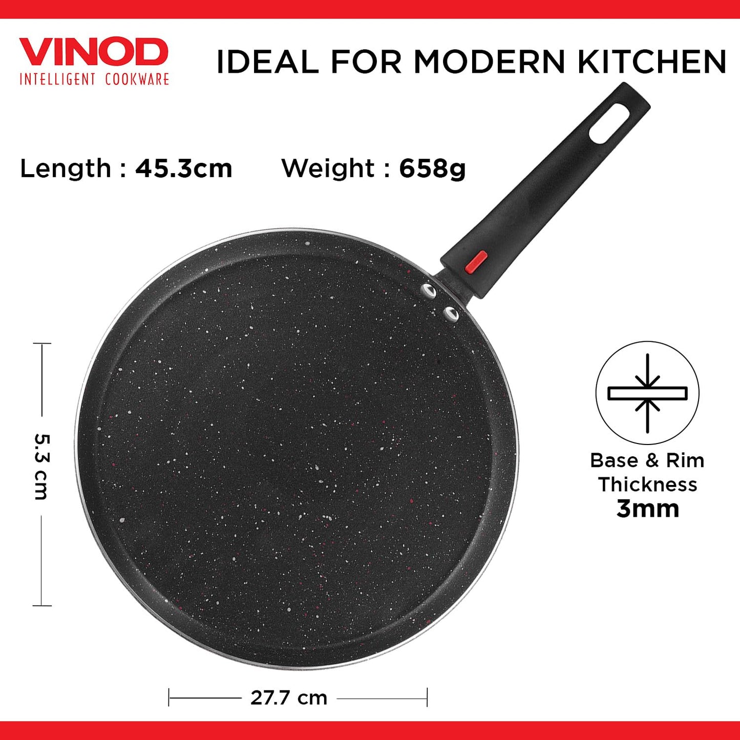 Vinod Popular Aluminium Non Stick Dosa Tawa with Detachable, Removeable Handles - 28 cm / 3 mm Thick/Compact Storage/Toxin Free/Long Lasting/Induction Base - 2 Year Warranty