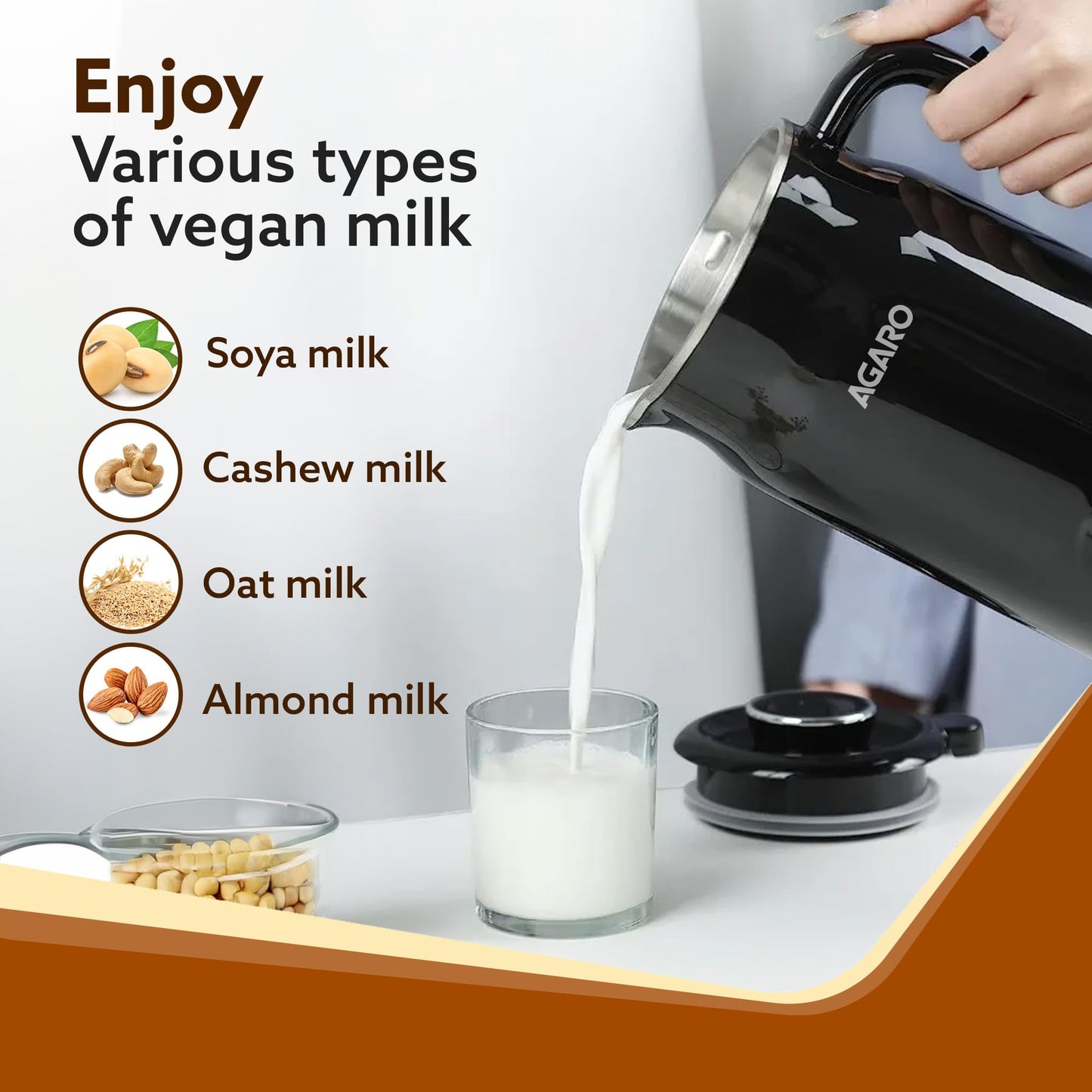 AGARO Regency Automatic Nut Milk Maker, Vegan Milk Machine, Make Vegan Milk From Nuts, Almonds, Soya, Oats etc, Boil Water, Juice, Cereals, Stainless Steel Body, 600ml, Black