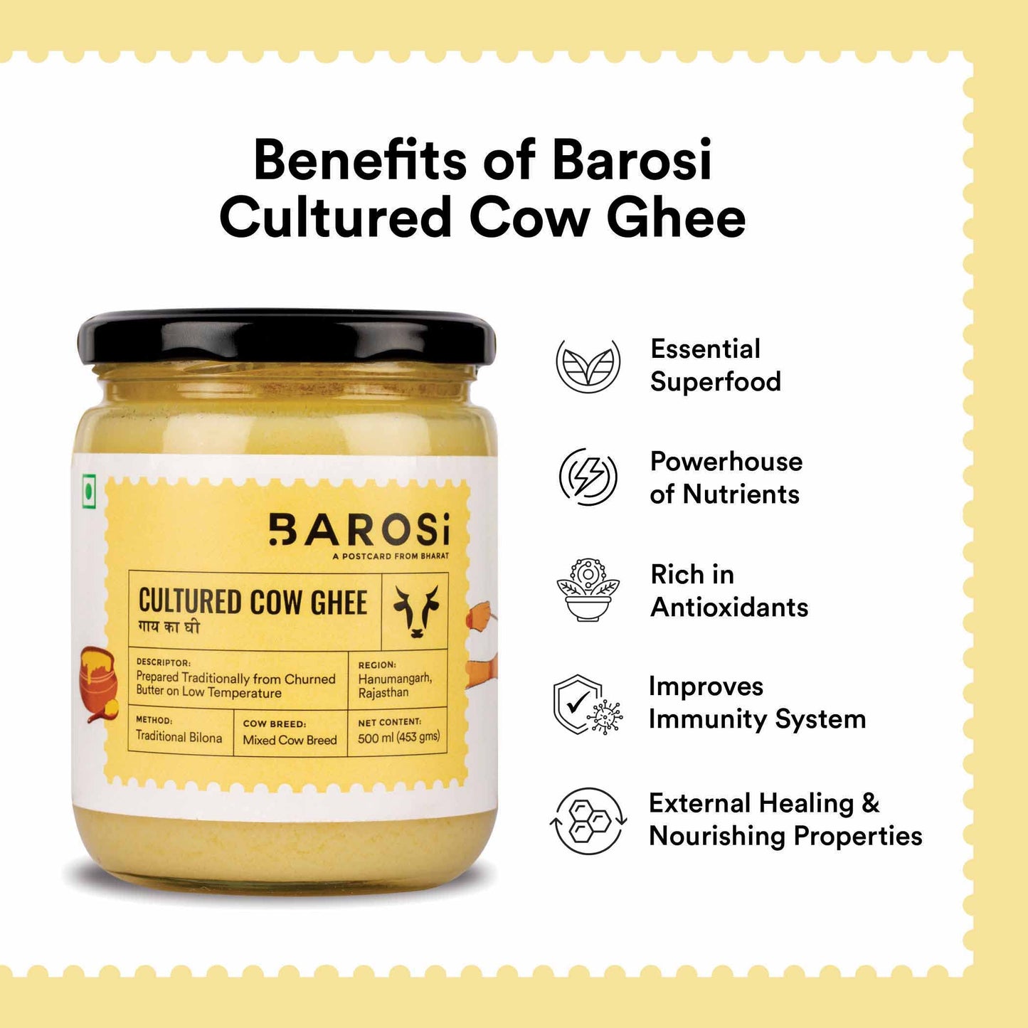 Barosi Premium Cultured Desi Cow Ghee 1 Litre (Combo Pack of 2 * 500ml) | Vedic Bilona Method | Churned from Curd | Pure & Natural | Farm Made in Small Batches | Glass Jar Packing