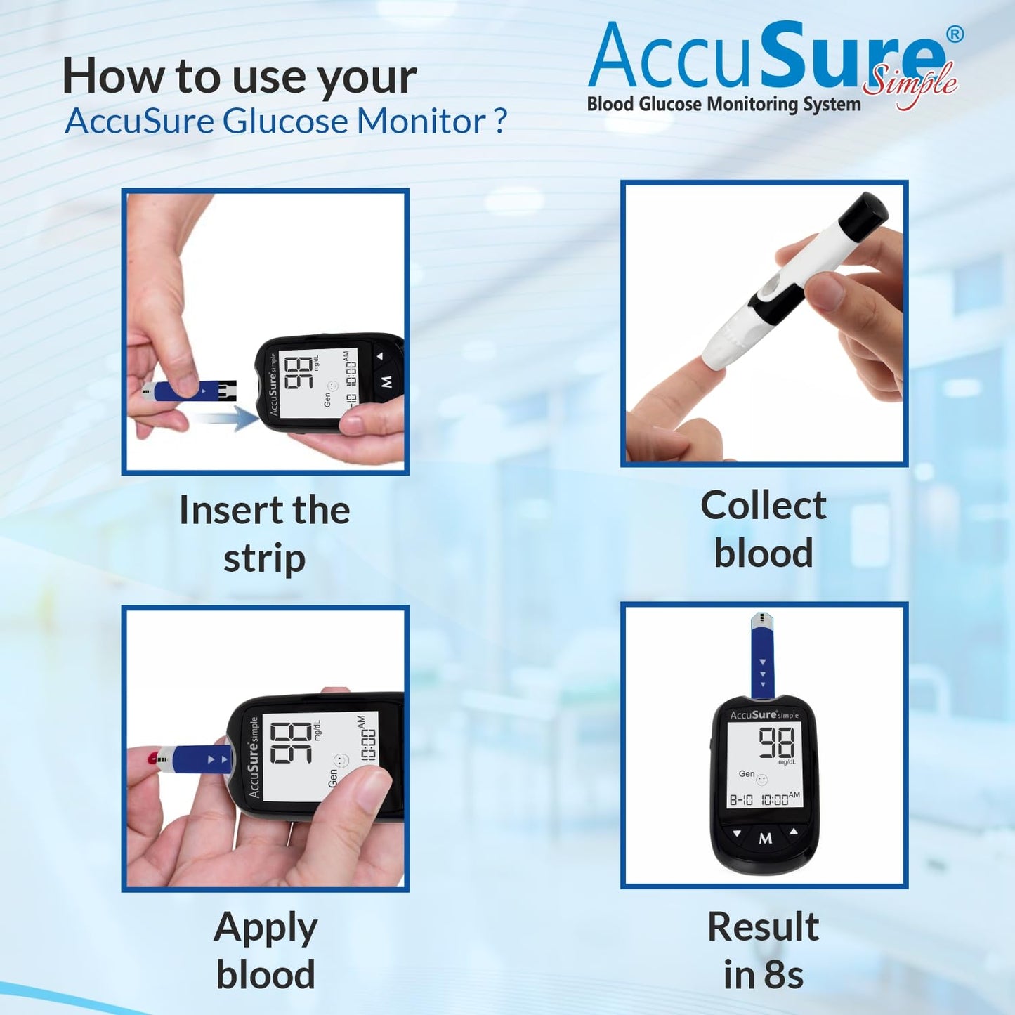 AccuSure Instant Digital Simple Glucometer Kit |with 25 Strips,10 Lancet,1 Lancing device for Accurate Blood Glucose Sugar Testing Machine