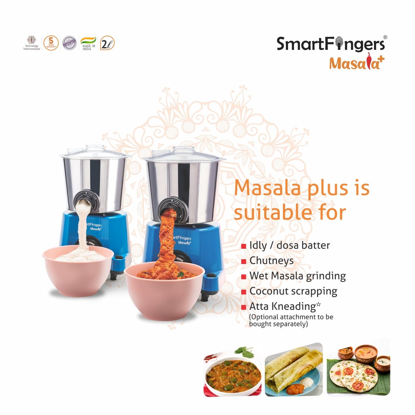 SmartFingers Masala + Table Top Masala Wet Grinder 230V 50hz, 2 Liter, Blue