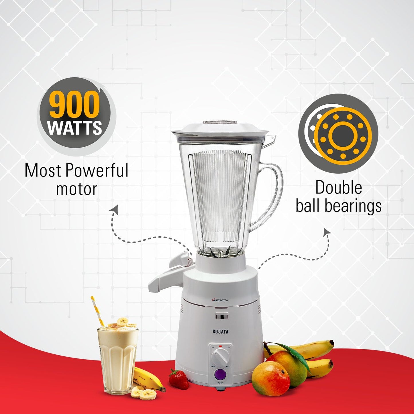 Sujata Megamix 900 Watts Mixer Blender | 22000 Rotations Per Min | 90 Minutes Continuous Running | Versatile Jar 3000 ml