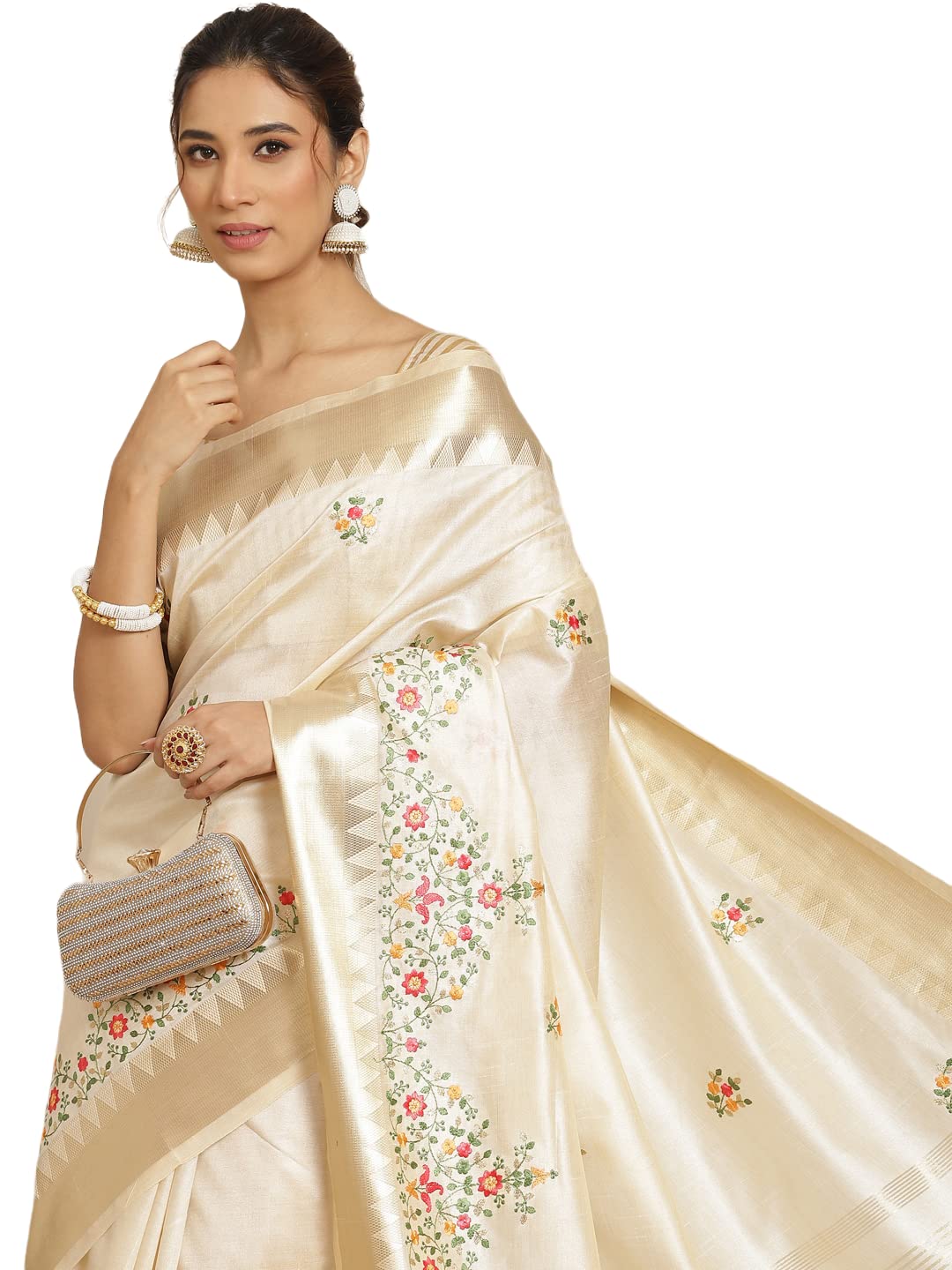 arriva fab Women's Kasavu Cotton Blend Saree With Blouse Piece (Riva1698__White)