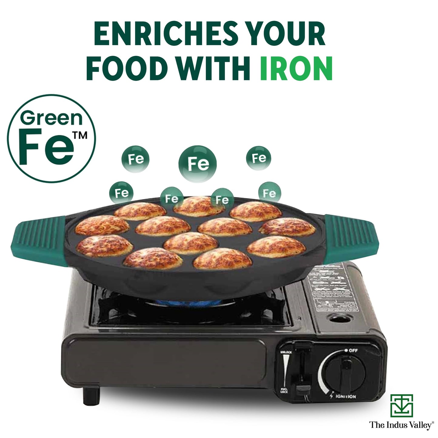 The Indus Valley Pre-Seasoned Cast Iron Paniyaram Pan With Loop Handle | 12Pit, 8.3Inch/21 Cm, 2.15Kg | Nonstick Appe/Paddu Pan, 100% Pure & Toxin-Free, Black