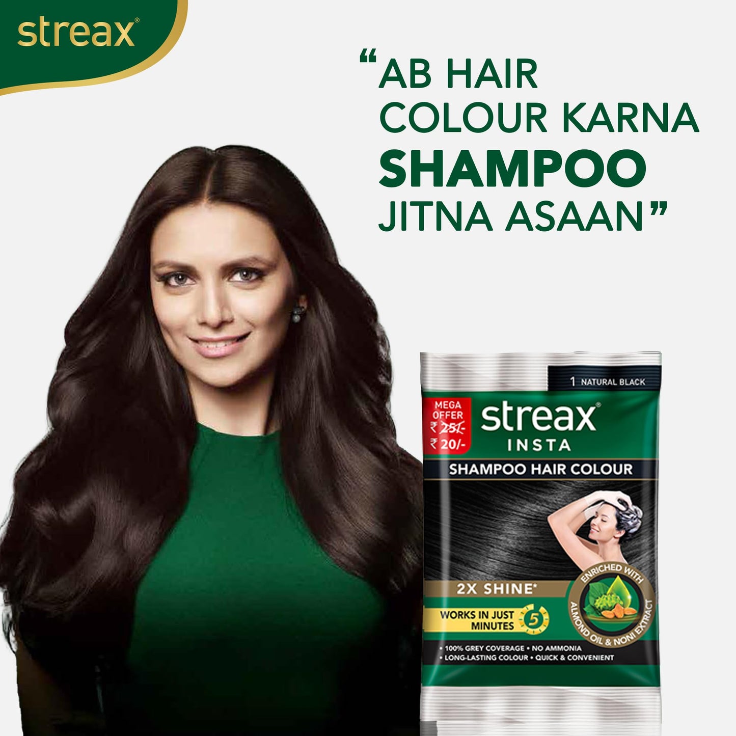 Streax Insta Shampoo Hair Colour for Women and Men, Natural Black - Pack of 5 | 100% grey coverage in 5 minutes | Long lasting, easy to use