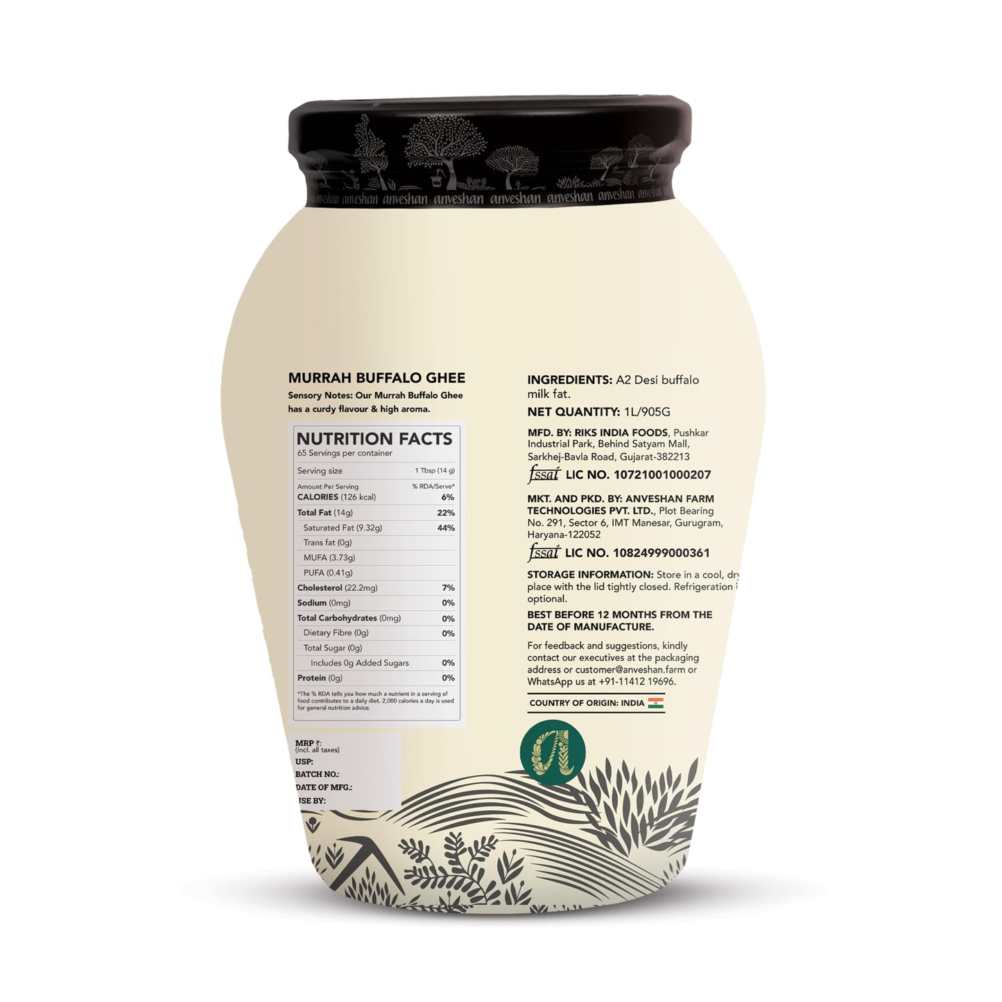 Anveshan A2 Desi Buffalo Ghee 1L | Glass Jar | Bilona Ghee | Grass Fed Buffaloes | Jaffrabadi Buffalo | Gujarat Region | Pure & Natural | Nutritional Powerhouse | Lab-Tested (1L)