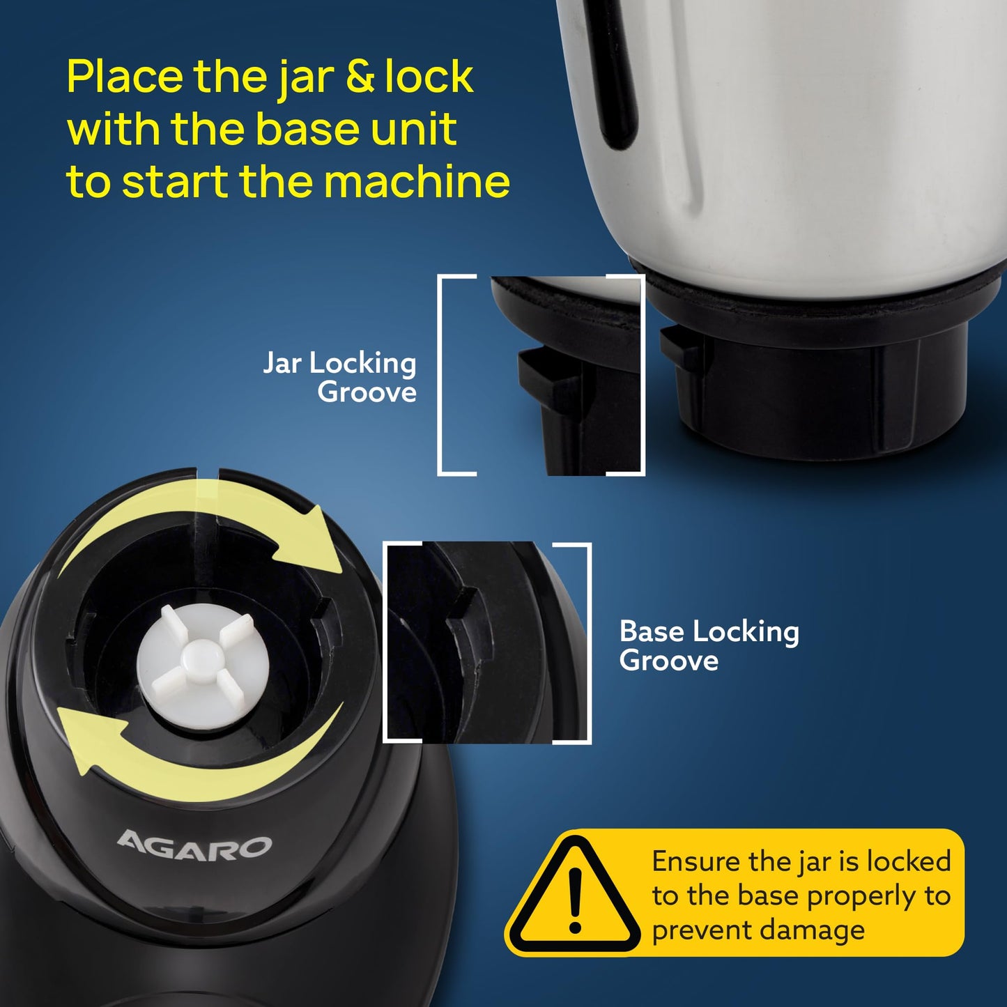 AGARO Elite Mixer Grinder 550W, 100% Copper Motor, 3 Stainless Steel Jar, 3 Speed, Whip Function, Stainless Steel Blades, Wet & Dry Grinding, Black