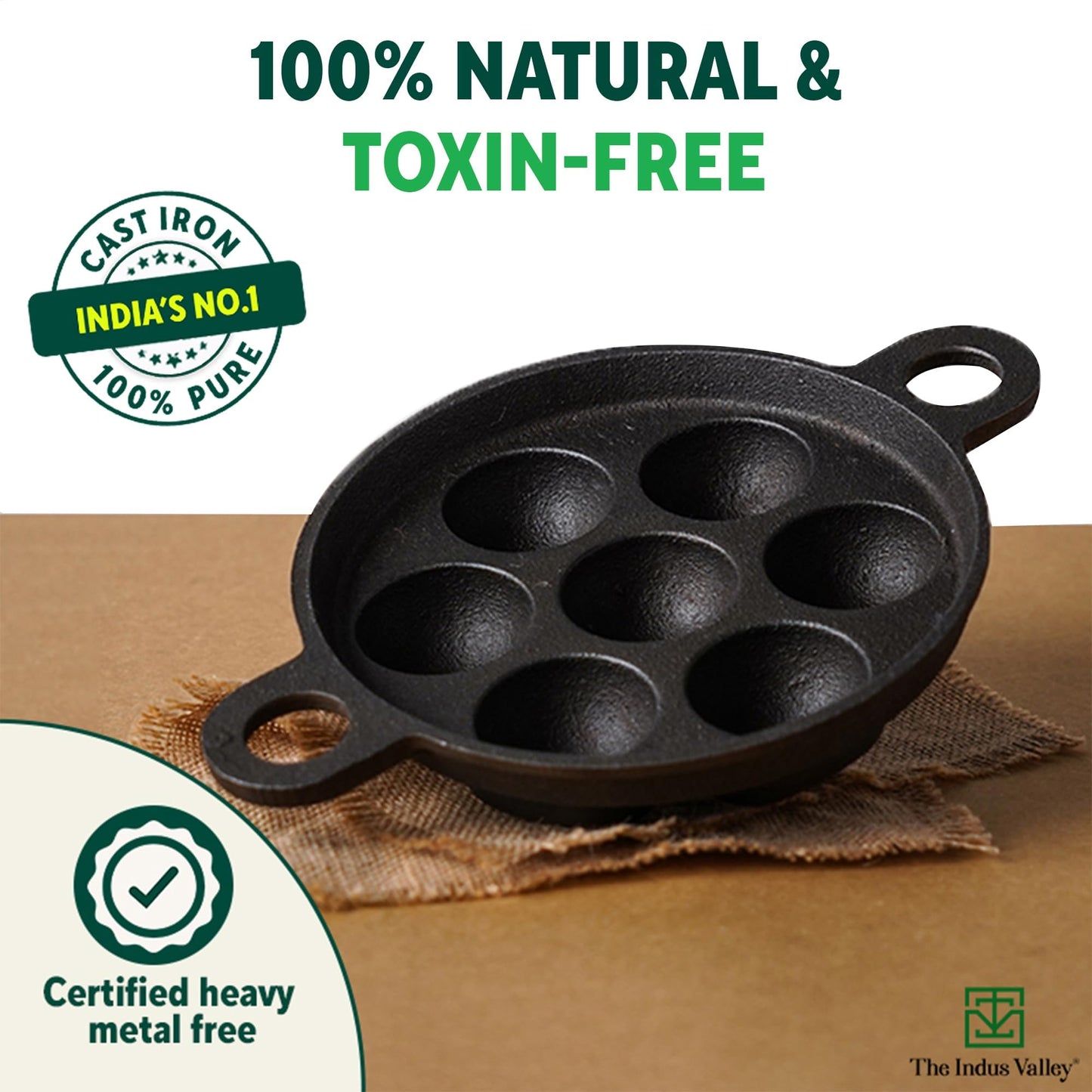 The Indus Valley Super Smooth Cast Iron Paniyaram Pan | 7Pit, 19Cm/7.4 Inch, 2.2Kg | Induction Friendly | Nonstick, Pre-Seasoned Appe/Paddu Pan, 100% Pure & Toxin-Free, No Chemical Coating - Black