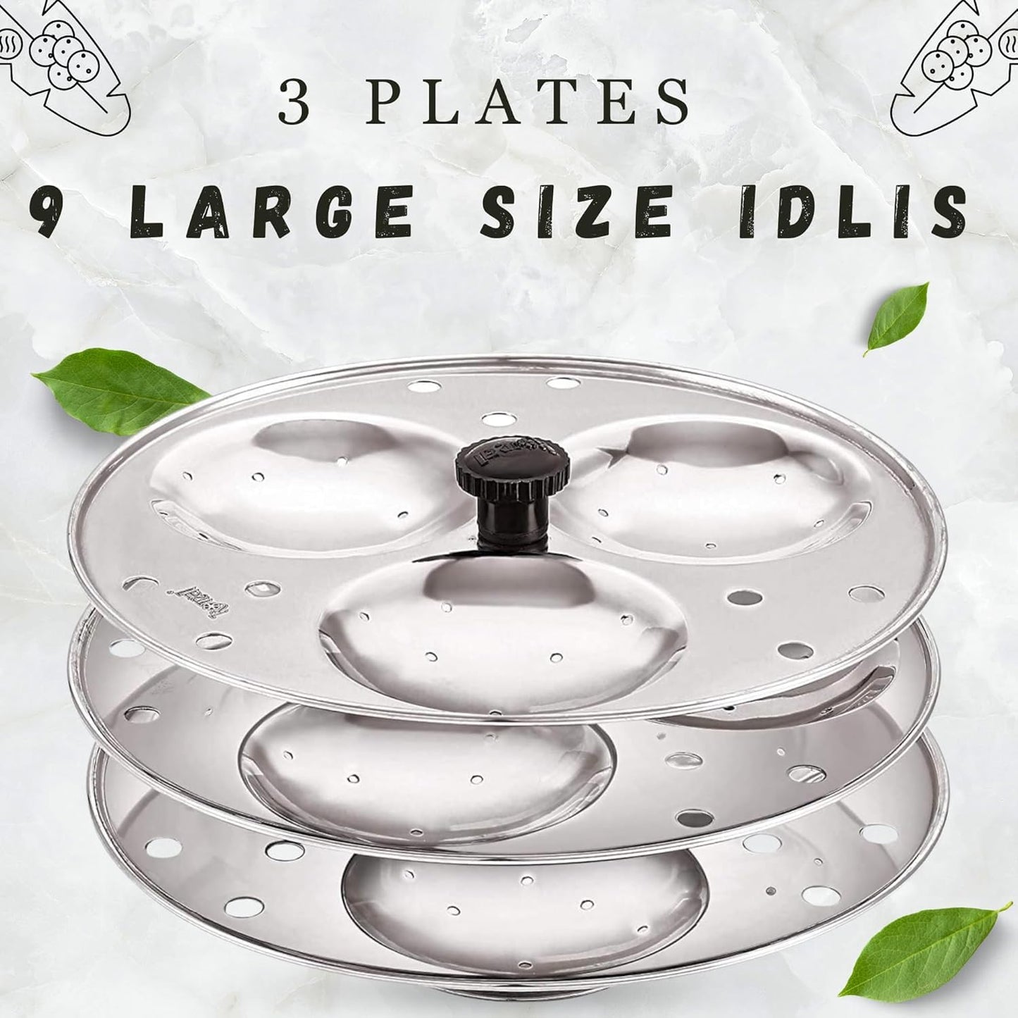 Blluex Stainless Steel Heavy Quality Idli Stand For 5 Liter above Cooker Idli Maker Makes 9 Medium Size Idlis At Once With Stand Kitchen Tool 3 Plates - Silver