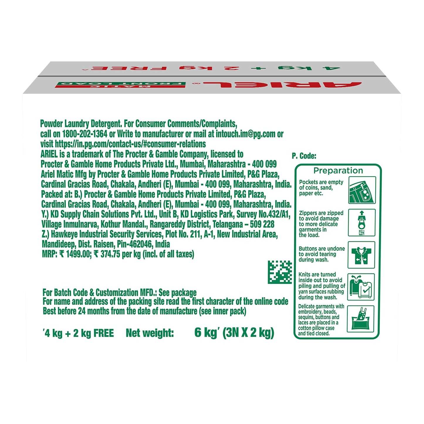 Ariel Matic Front Load Detergent Washing Powder – 4 Kg+2 KG free