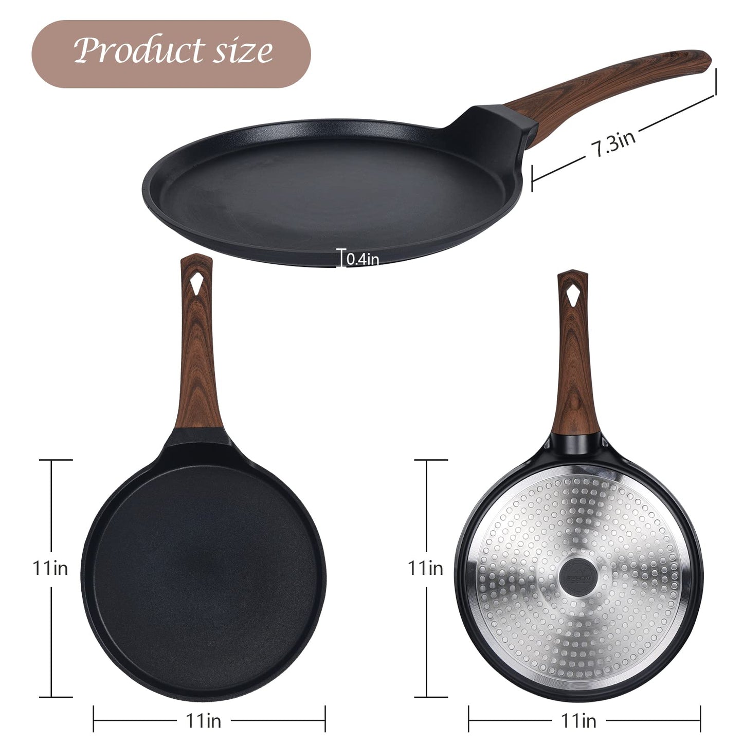 Vinchef Nonstick Crepe Pan, 11inch Skillet Pan for Dosa Tawa Omelette Tortillas Crispy Pancake, Griddle Pancake Pan, PFOA FREE and Induction Compatible