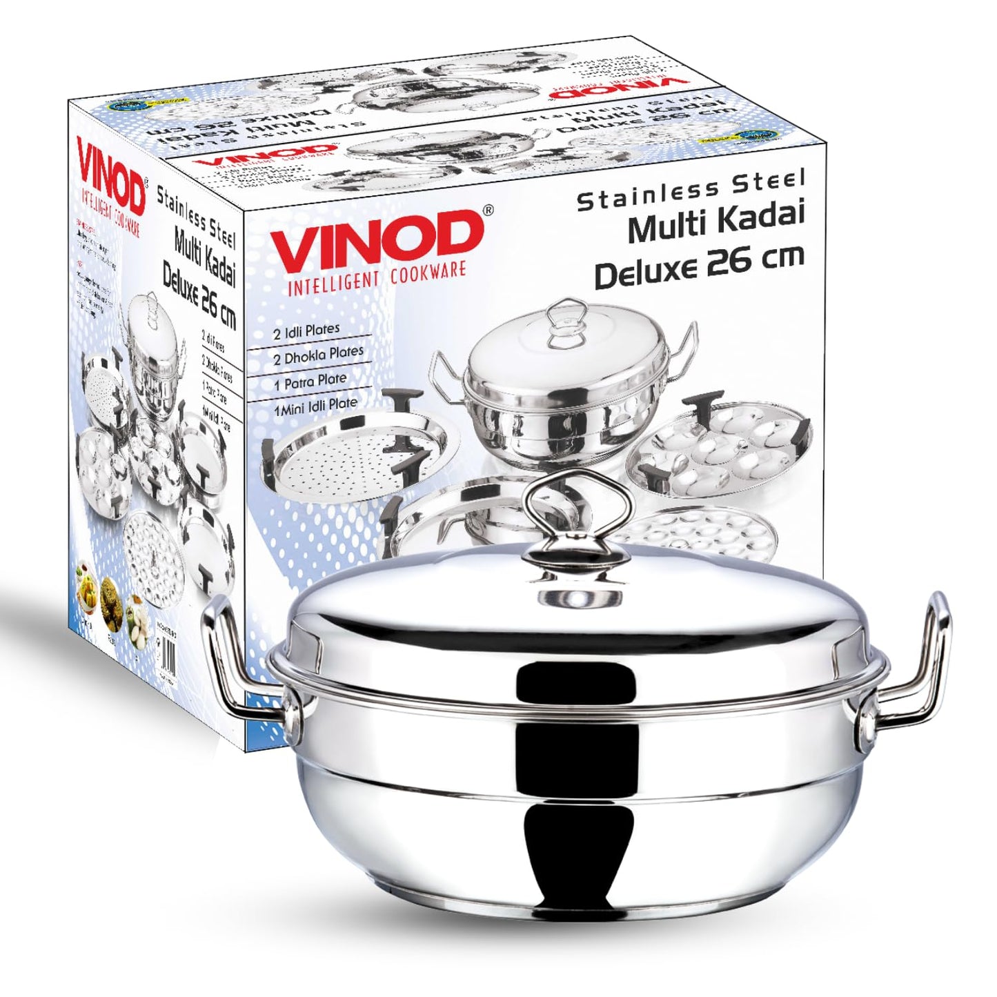 Vinod Stainless Steel Deluxe Multi Kadai with 6 Plates - 26cm, 2 Idli, 2 Dhokla,1 Patra and 1 Mini Idli Plate | Dhokla and Momos Steamer, Maker,Induction Friendly
