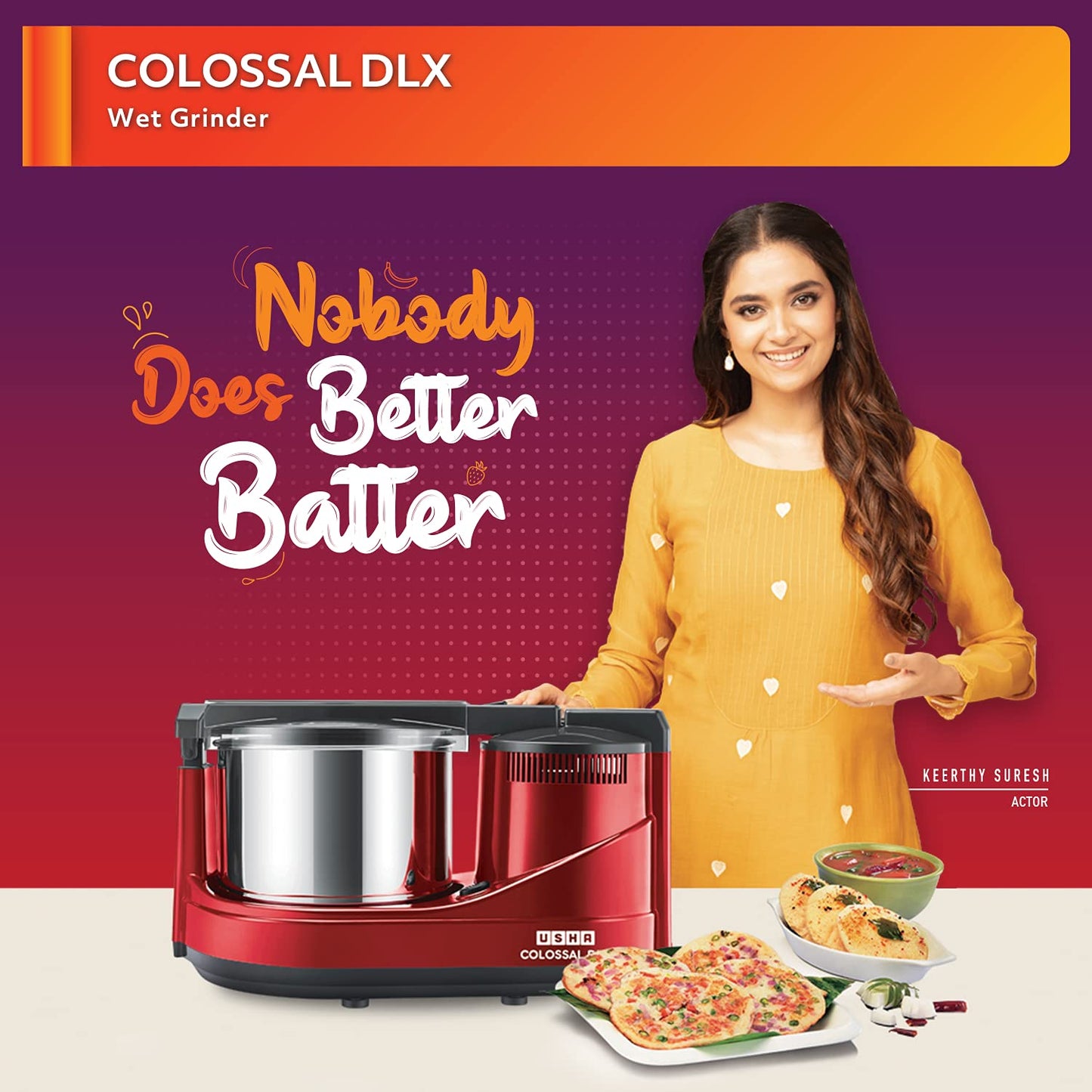 USHA Colossal DLX Wet Grinder 150 W, 2 LTR, 100% Copper Motor and Dual Flow Breakers for Faster, Smooth Batter with Atta Kneader and Coconut Scrapper (Red)