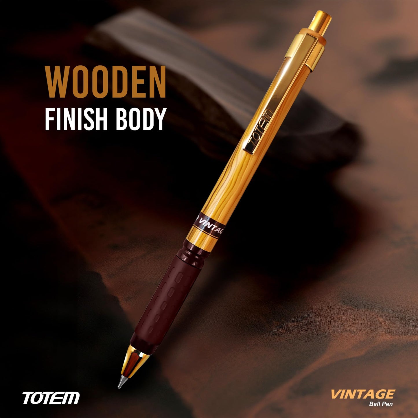 TOTEM Vintage Ball Pens | 10 Blue Ink Pens | Attractive Woody Texture | 0.7 mm Tip | Pens for Students | Comfortable Grip | Smudge Free Writing | Retractable & Click Pens | Gifting & Office Purpose