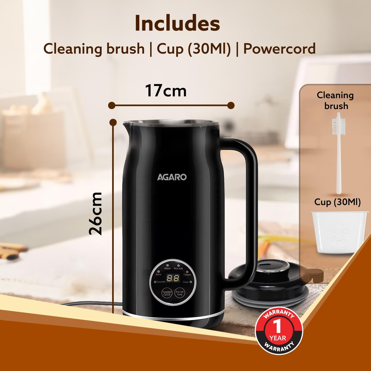 AGARO Regency Automatic Nut Milk Maker, Vegan Milk Machine, Make Vegan Milk From Nuts, Almonds, Soya, Oats etc, Boil Water, Juice, Cereals, Stainless Steel Body, 600ml, Black