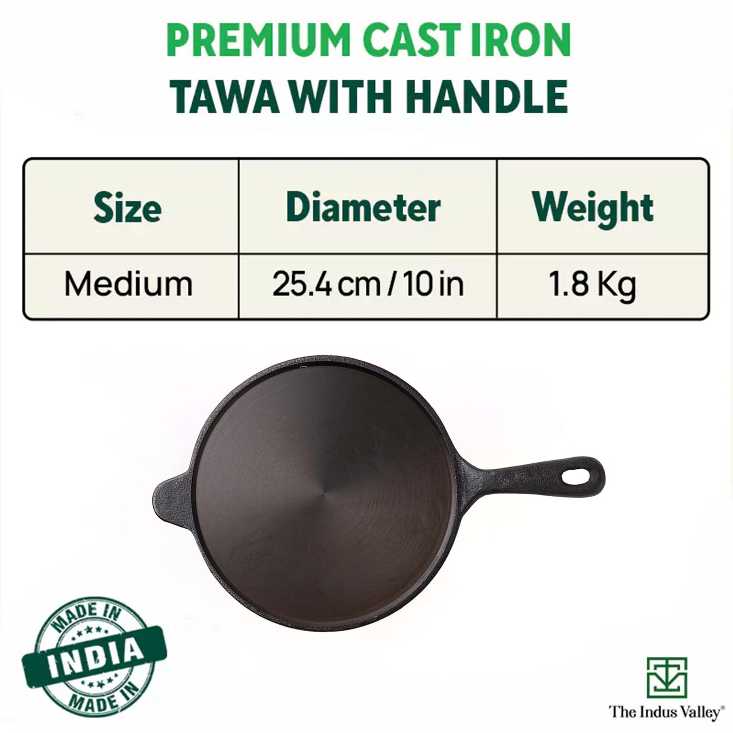 The Indus Valley Super Smooth Cast Iron Tawa for Dosa/Chapathi | 25.4cm/10 inch, 1.8kg | Induction Friendly | Naturally Nonstick, Pre-Seasoned Tawa, 100% Pure & Toxin-Free, No Chemical Coating