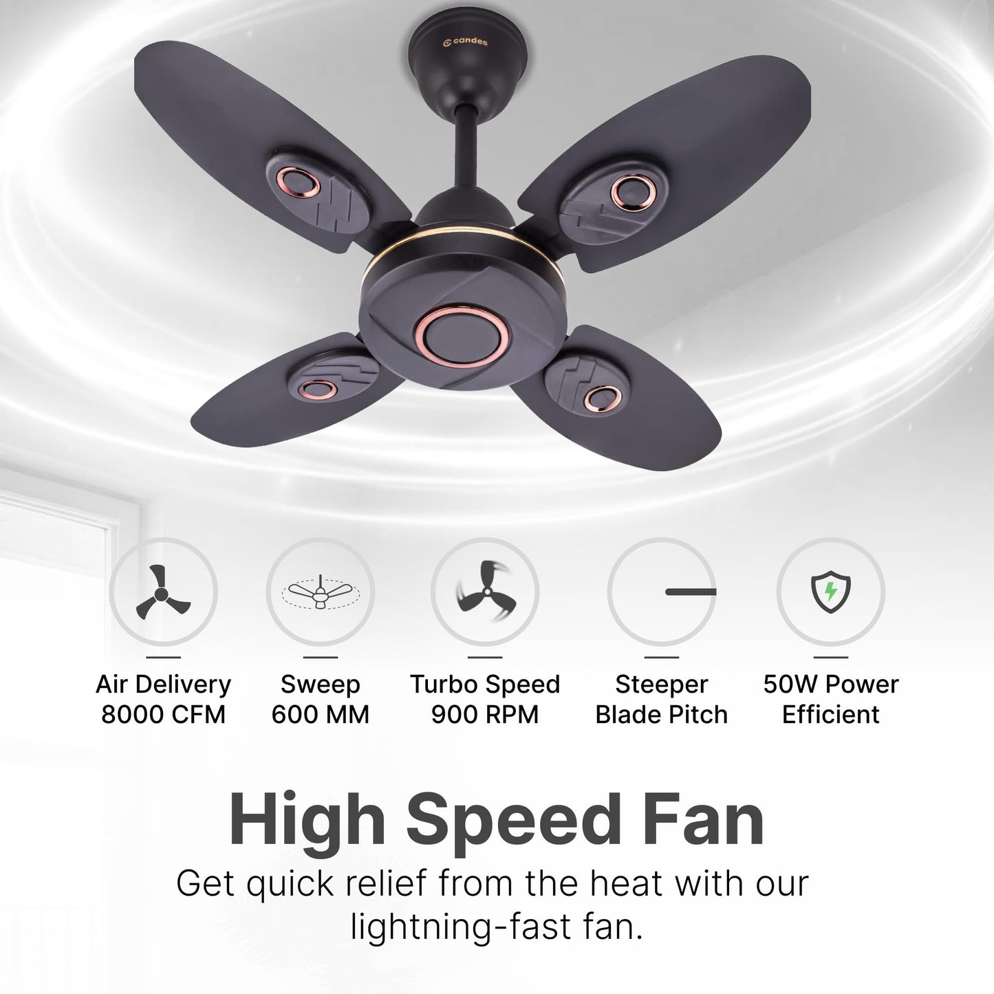 Candes Nexo Designer 600 mm /24 inch High Speed Ceiling Fan | BEE Star Rated, Noiseless & Energy Saving | Small Fan for Kitchen, Balcony & Small Room | 1+1 Year Warranty | Coffee Brown