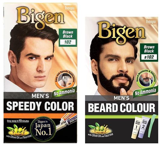Bigen Men's Beard Color, Brownish Black B102, 40g & Bigen Men's Speedy Color, Brown Black 102, 80g