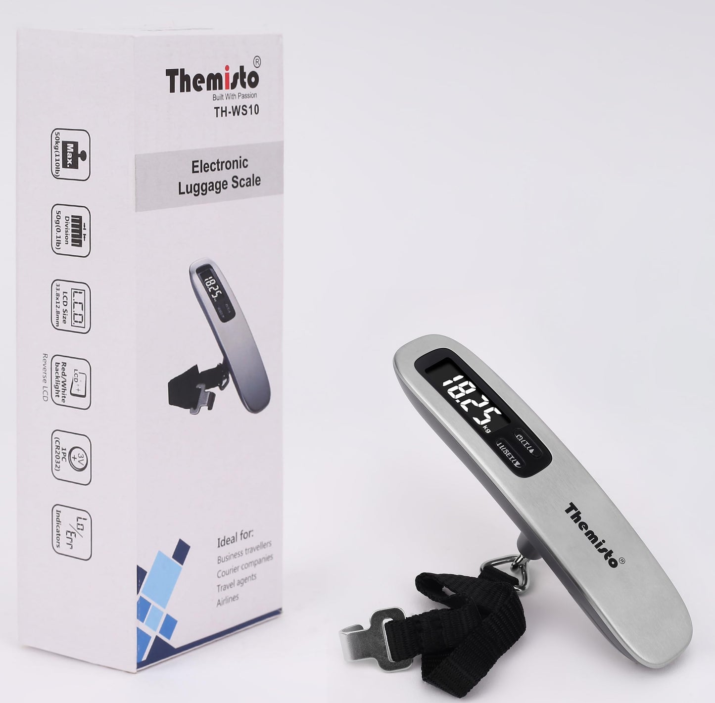 Themisto TH-WS10 Digital Luggage Scale with Target Value Setting (50kg), Silver