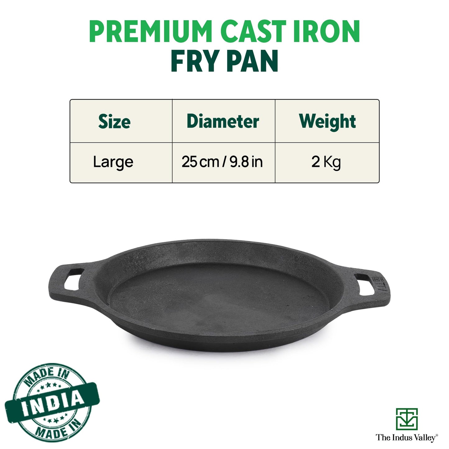 The Indus Valley Preseasoned Cast Iron Fish Fry Pan With Double Handle | Large 25Cm/ 9.8Inch, 2Kg | Induction Friendly | Nonstick Fish Fry Pan, 100% Pure & Toxin Free, No Chemical Coating, Black