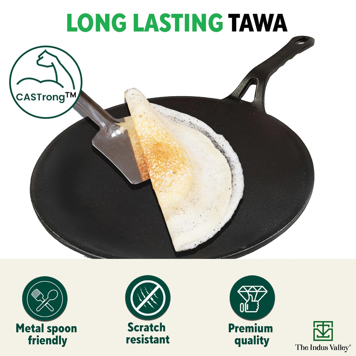 The Indus Valley Pre-Seasoned Cast Iron Concave Dosa Tawa + Free Wooden flip | 25.4cm/10 inch, 1.9kg | Gas Stove Compatible | Naturally Nonstick, 100% Pure & Toxin-Free, No Chemical Coating