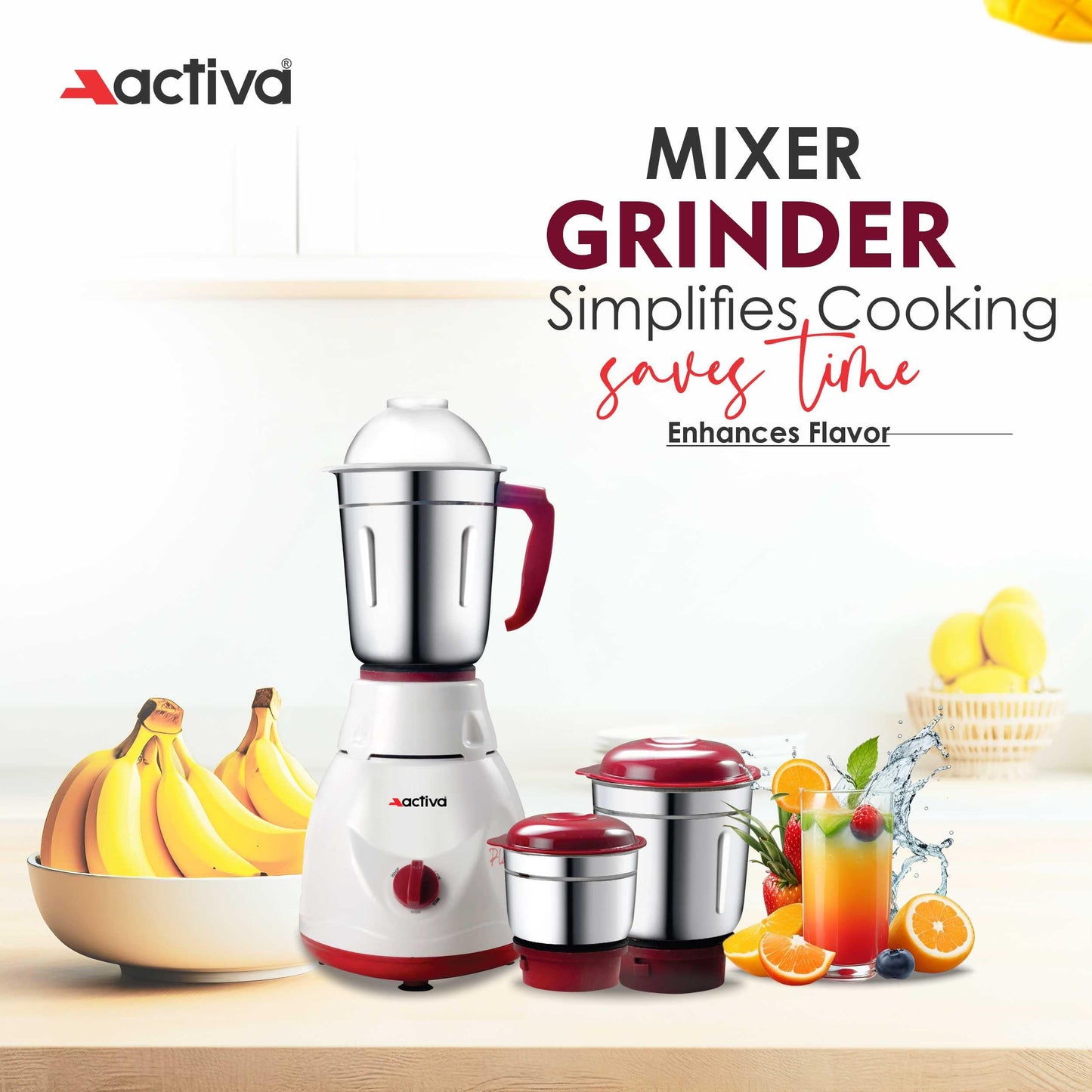 Activa Pluto Combo 500 Watt 3 Jar Mixer Grinder With Electric Dry Iron Come With 2 Year Warranty - Multicolor