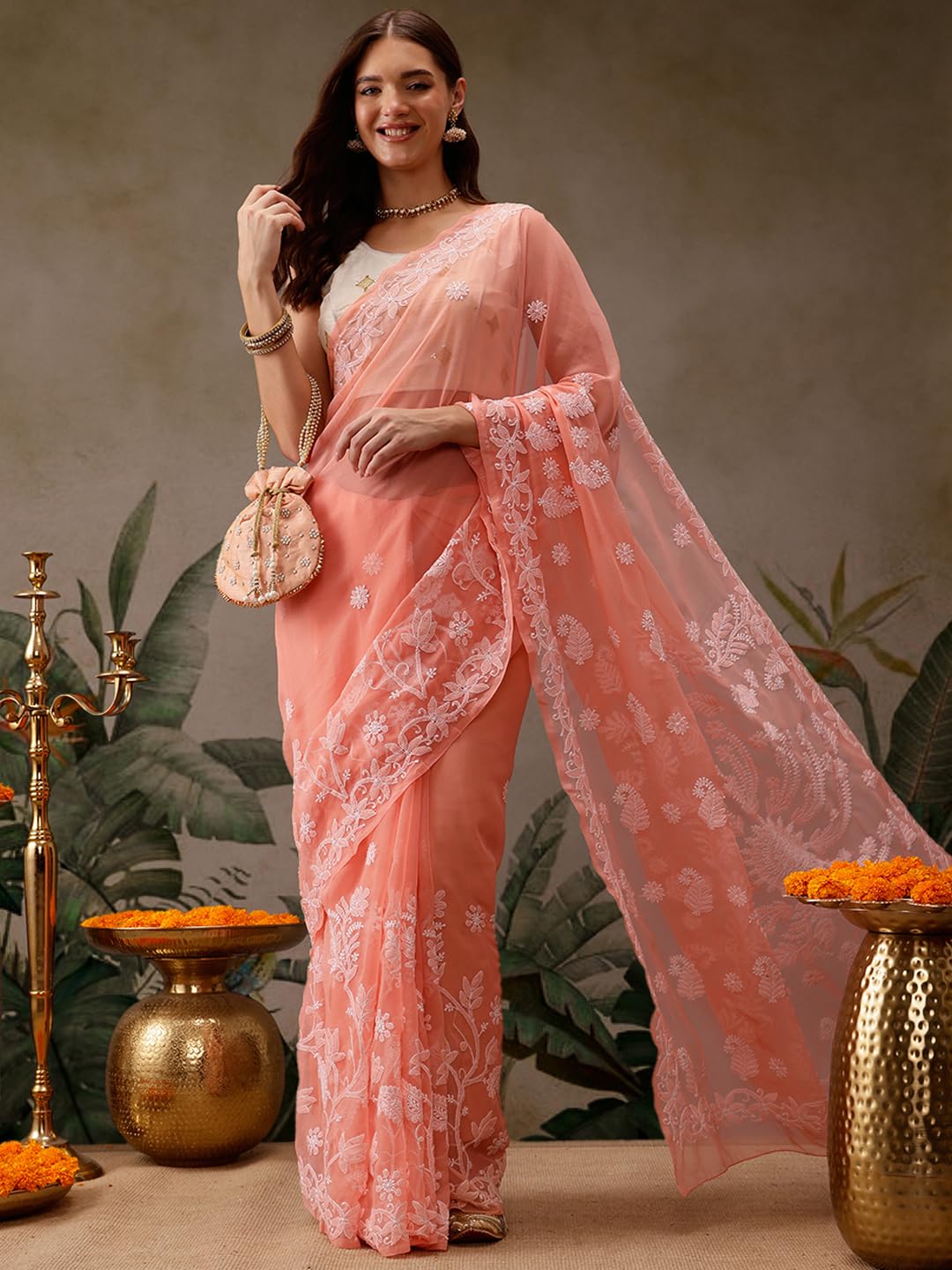 Ada Latest Chikan Peach Georgette Fancy Saree Blouse With Designer Embroidered Motifs A130092
