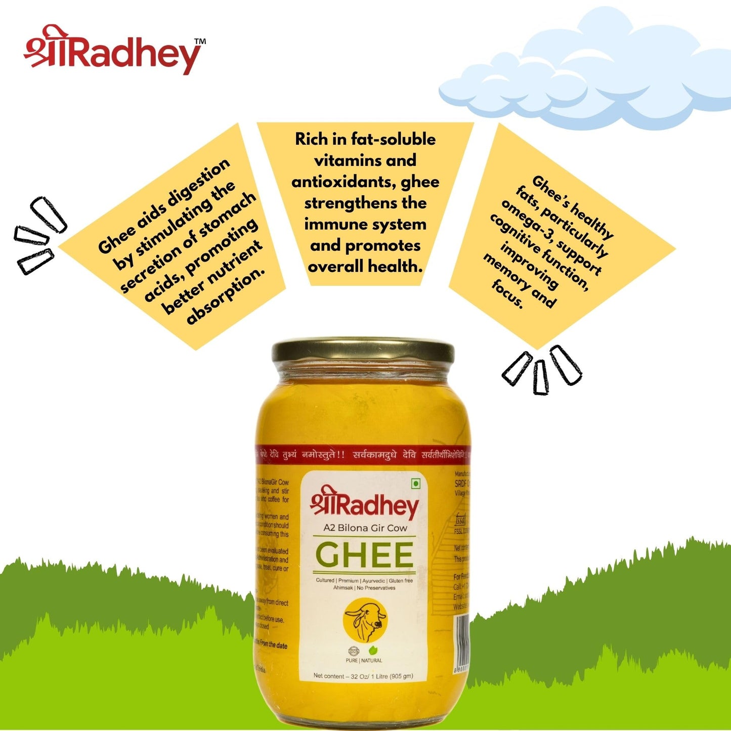 SHREERADHEY Gir Cow Ghee I A2 Bilona Traditional Bilona Method I 1 L Glass Bottle, 1.53 Kg