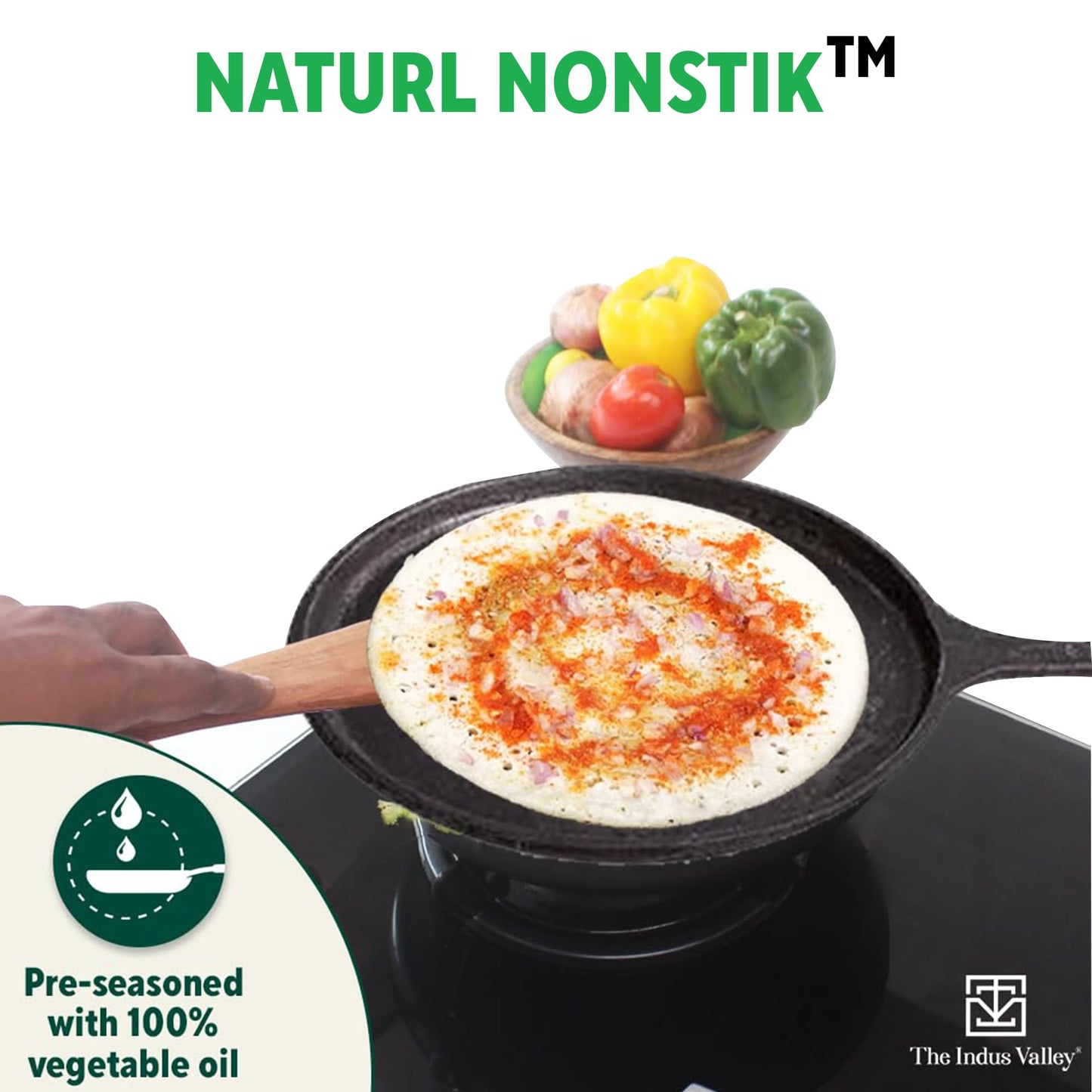 The Indus Valley Pre-Seasoned Cast Iron Tawa with Free Wooden Spatula for Dosa/Chapathi | 25.7cm/10.3 inch, 2kg | Induction Friendly | Naturally Nonstick, 100% Pure & Toxin-Free, No Chemical Coating