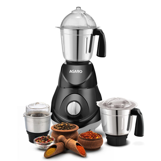 AGARO Elite Mixer Grinder 550W, 100% Copper Motor, 3 Stainless Steel Jar, 3 Speed, Whip Function, Stainless Steel Blades, Wet & Dry Grinding, Black