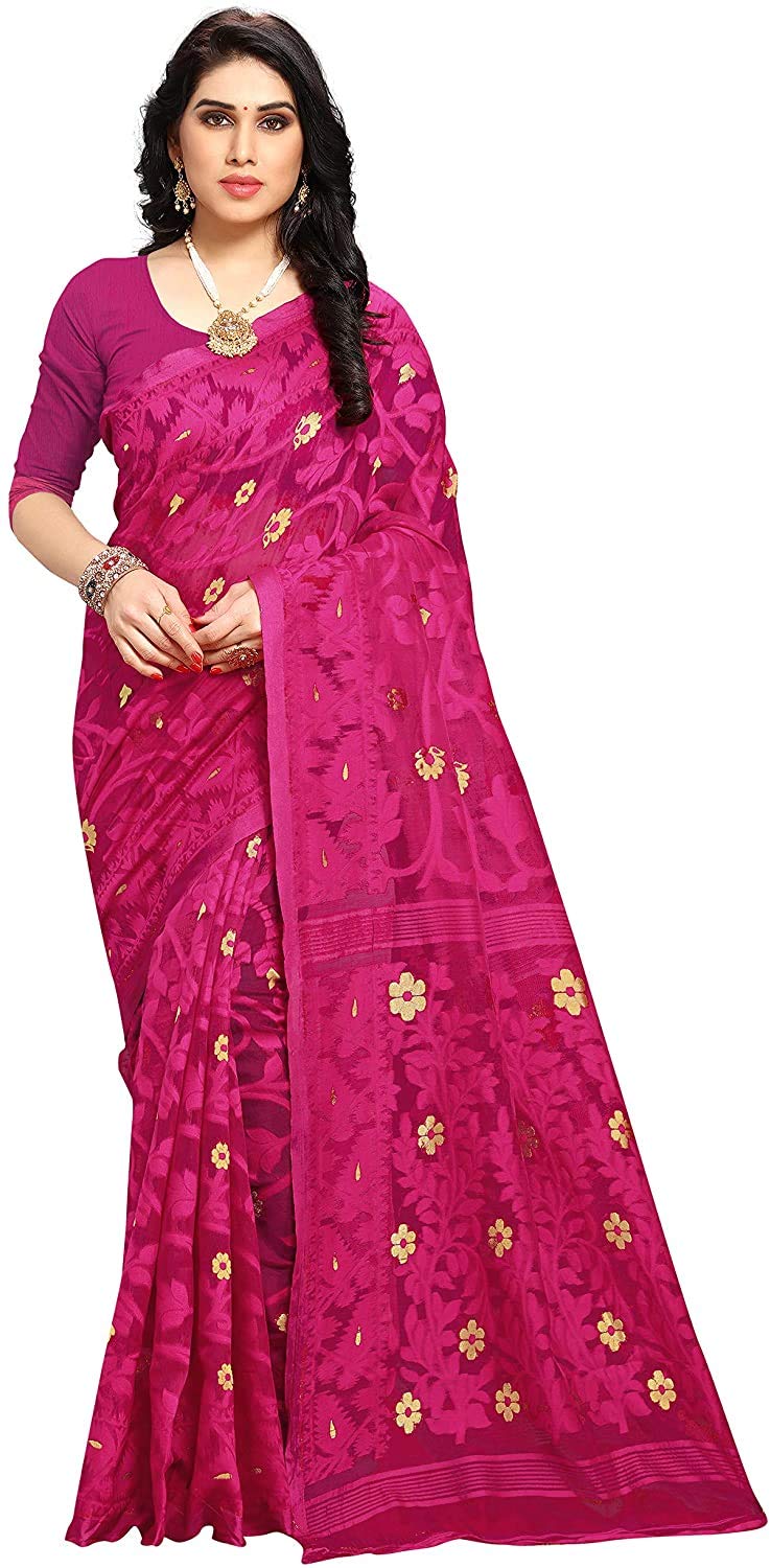 Aishwarya Sarees Women's Jamdani Jute Cotton Saree With Blouse Piece (AS - SOFT DHAKAI NEW -1_Pink)