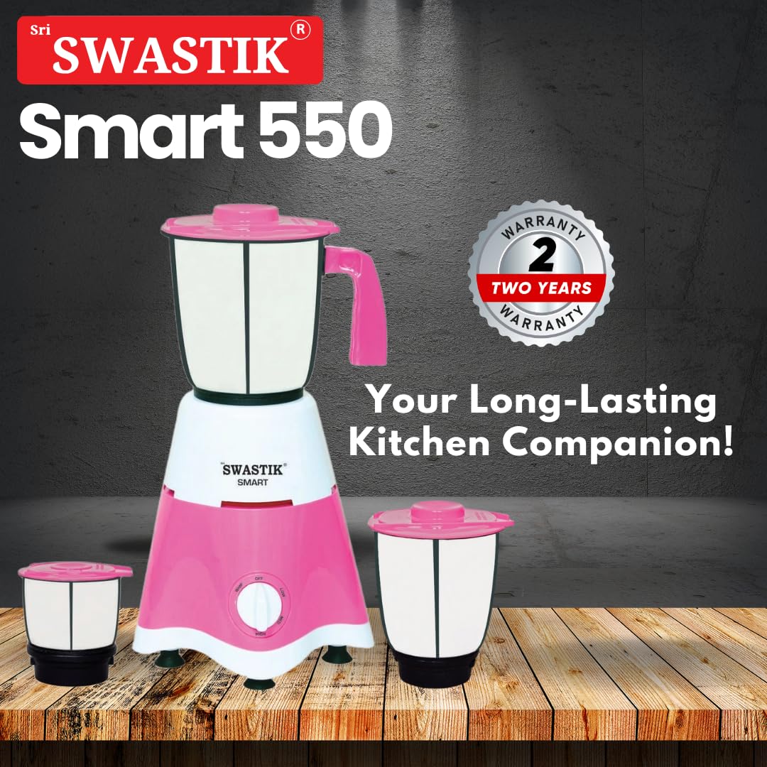 Sri Swastik Smart 550 Mixer Grinder - 550W Heavy-Duty Motor, 3 Stainless Steel Jars, Pink