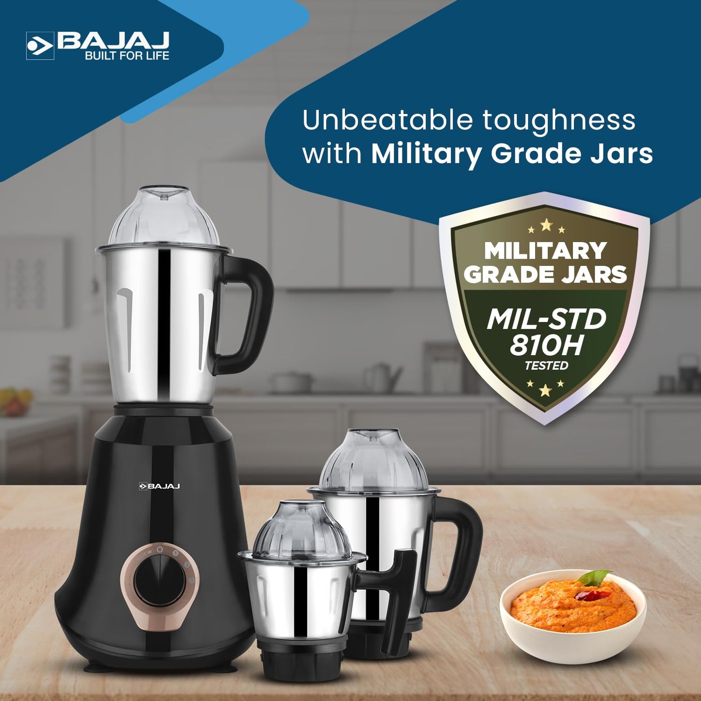 Bajaj Military Series Glamore 4 Jar 1000 Watts Mixer Grinder | 3-Speed Control With Pulse Effect Mixie| 2 Years Warranty | Jet Black