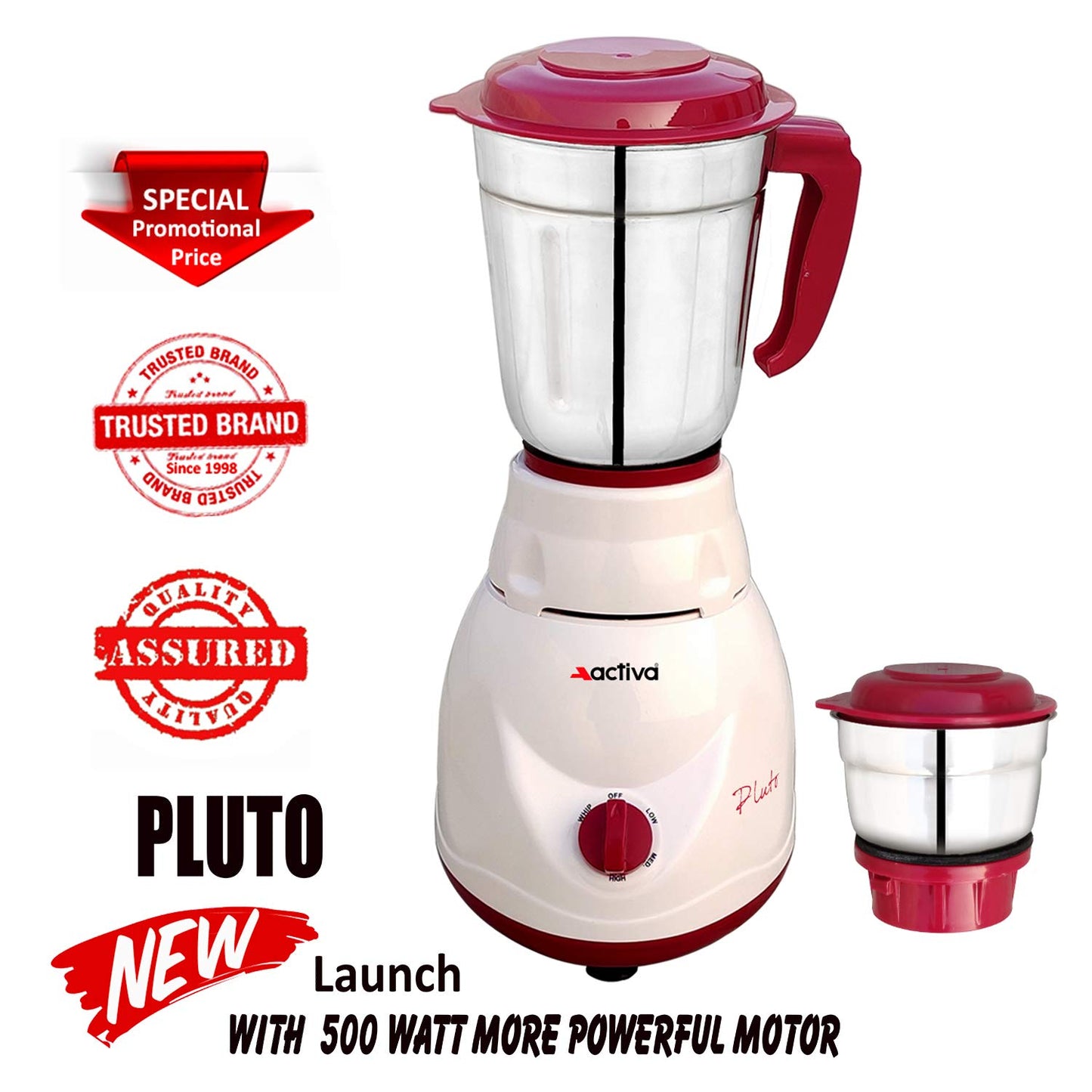 Activa Pluto 2 Jar 500 Watts Mixer Grinder (18 MM) Heavy Duty Motor Grinder (ABS BODY) comes with 3 year warranty