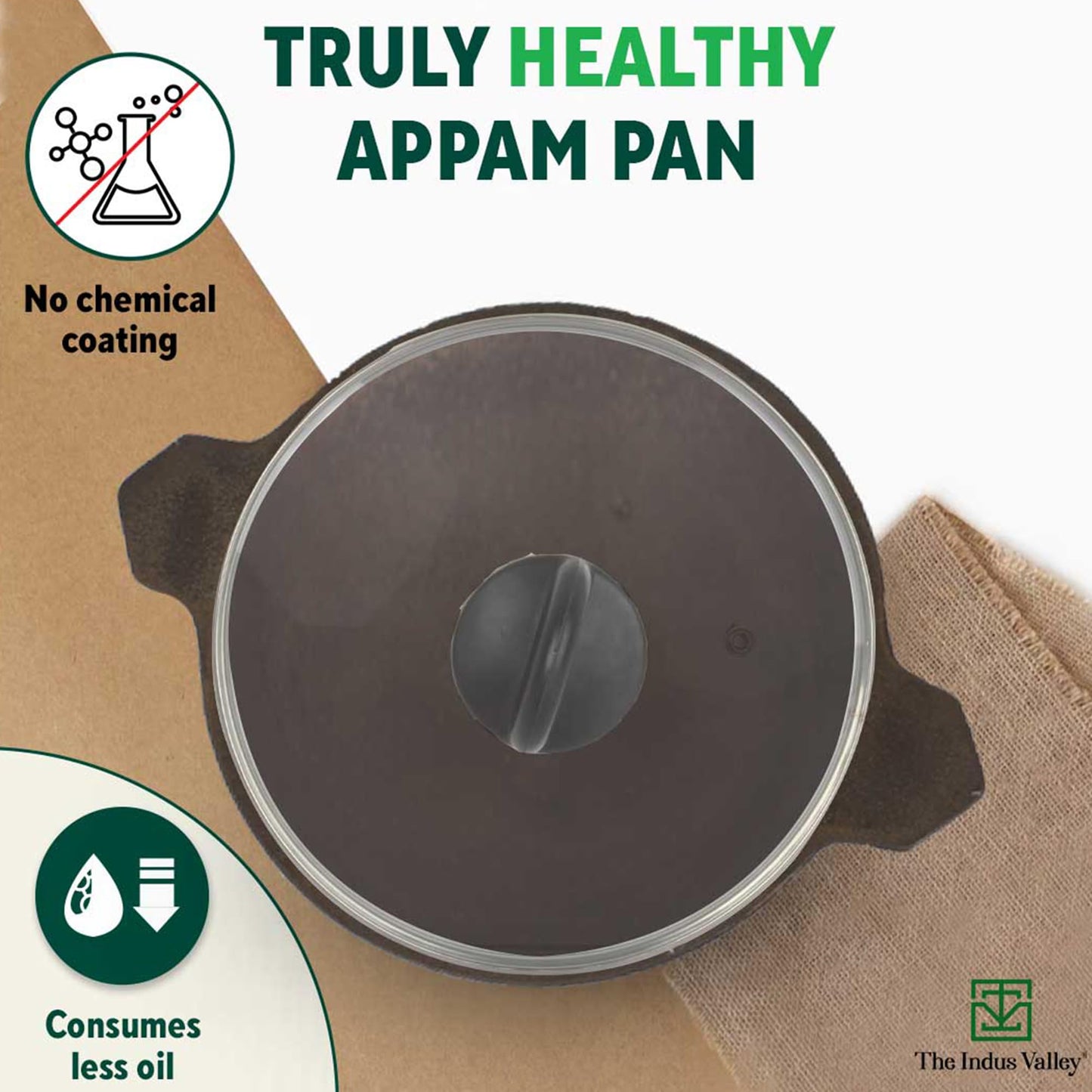 The Indus Valley Pre-Seasoned Cast Iron Appam Pan/Appachatty/Chetty Pan/Appam Patra with Glass Lid | 22 Cm/8.7 Inch, 1.5Kg | Gas Compatible | Nonstick Appam Pan, 100% Pure & Toxin-Free