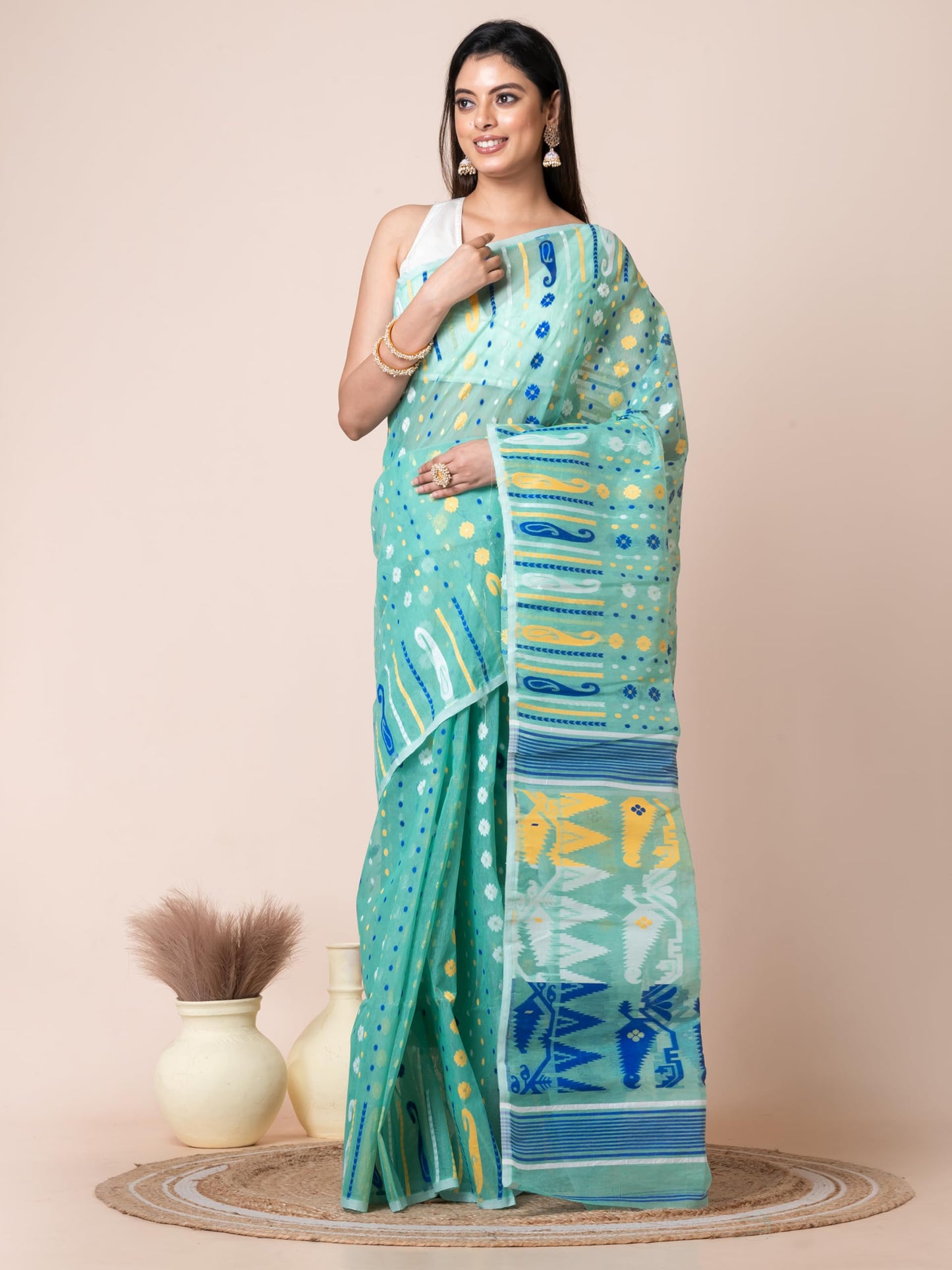 Aishwarya Sarees Women's Jamdani Cotton Sarees For Women Soft Dhakai Jamdani Bengal Pure Handloom Saree for Women. dhakai jamdani sarees for women (Sea Green)